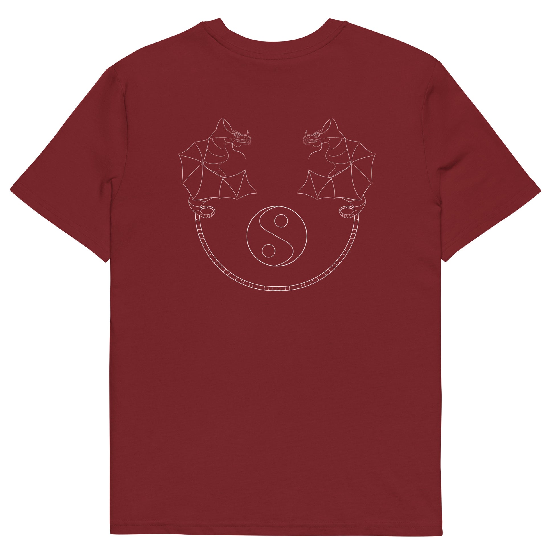 White Dragon Dance, Yin and Yang | 100% Organic Cotton T Shirt in burgundy back