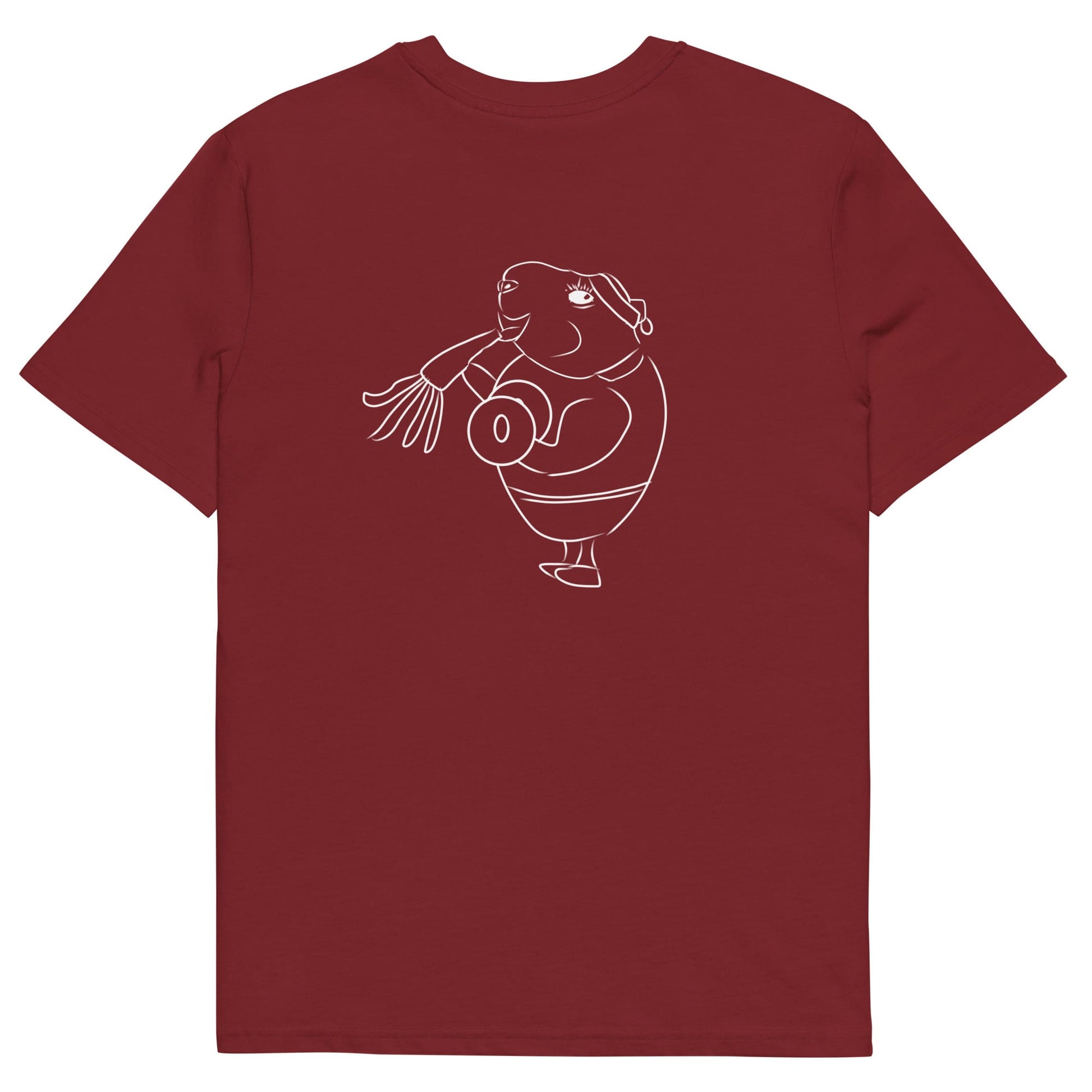 White Guinea Pig Weight Lifter | 100% Organic Cotton T Shirt in burgundy back