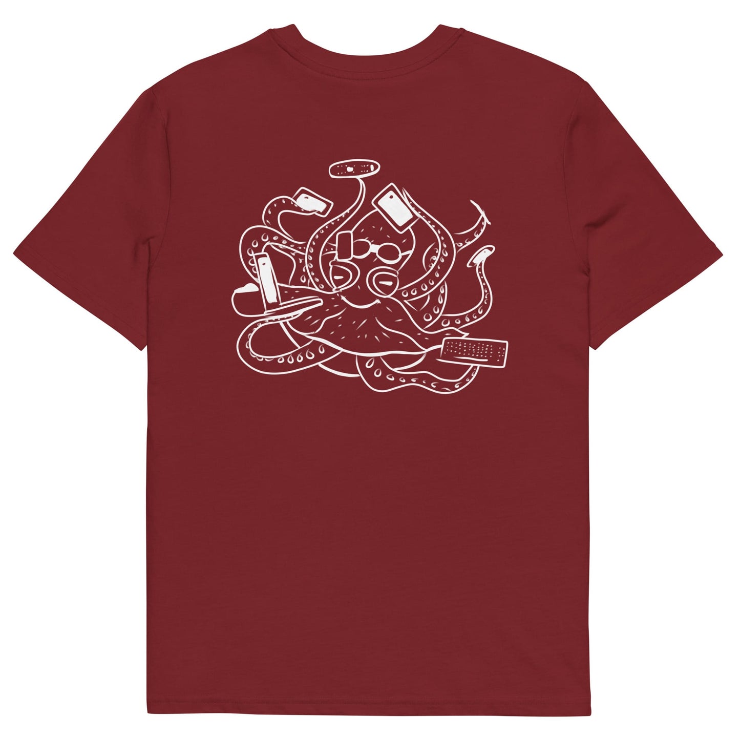 White Octopus Office Worker | 100% Organic Cotton T Shirt in burgundy back