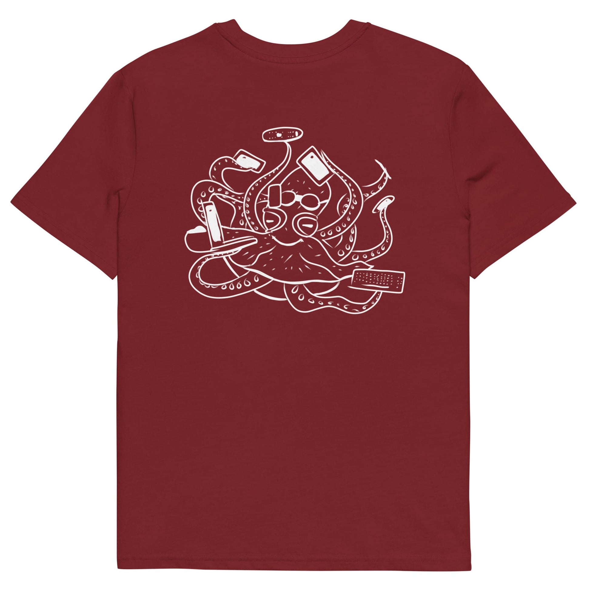 White Octopus Office Worker | 100% Organic Cotton T Shirt in burgundy back
