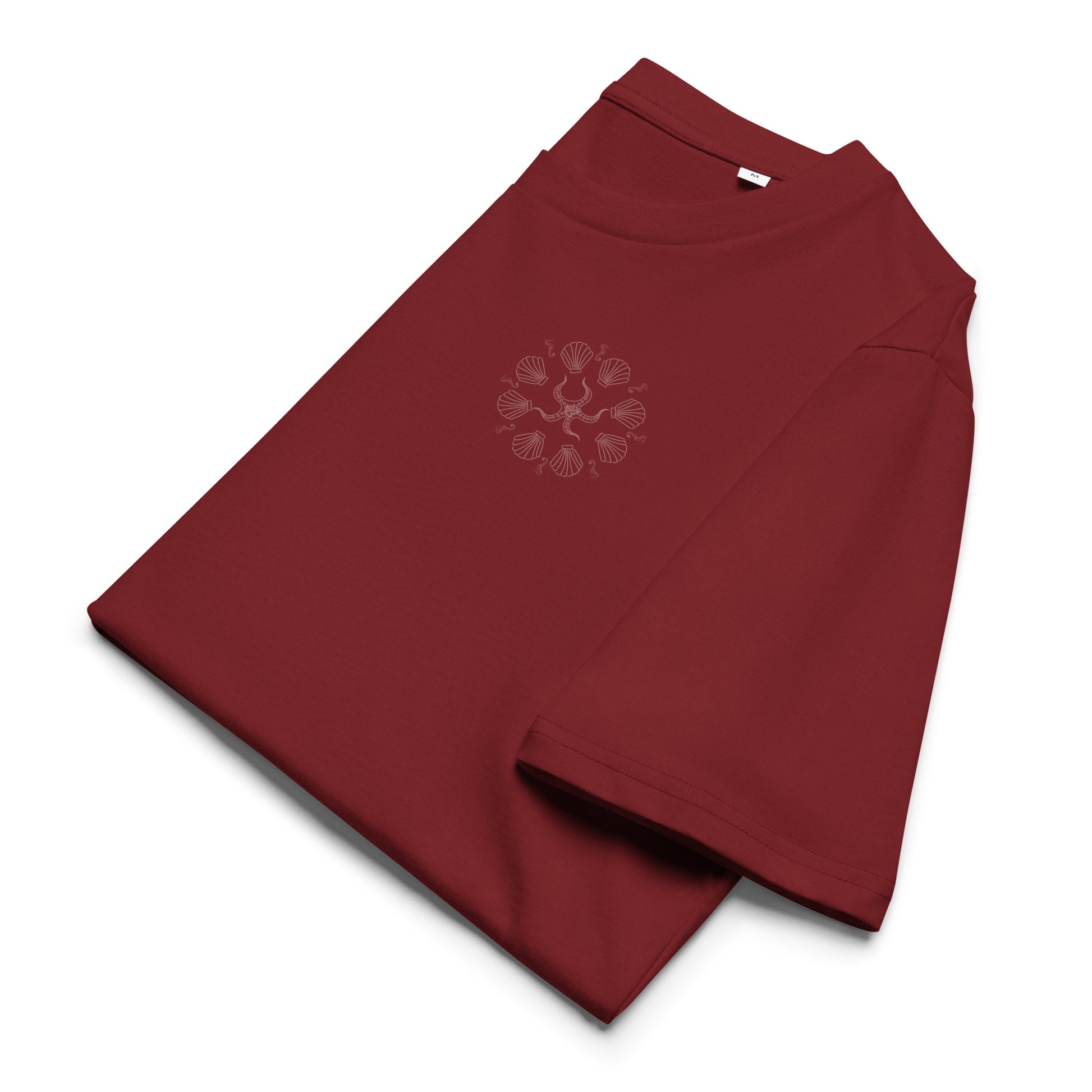 White Ocean Symphony | 100% Organic Cotton T Shirt in burgundy folded