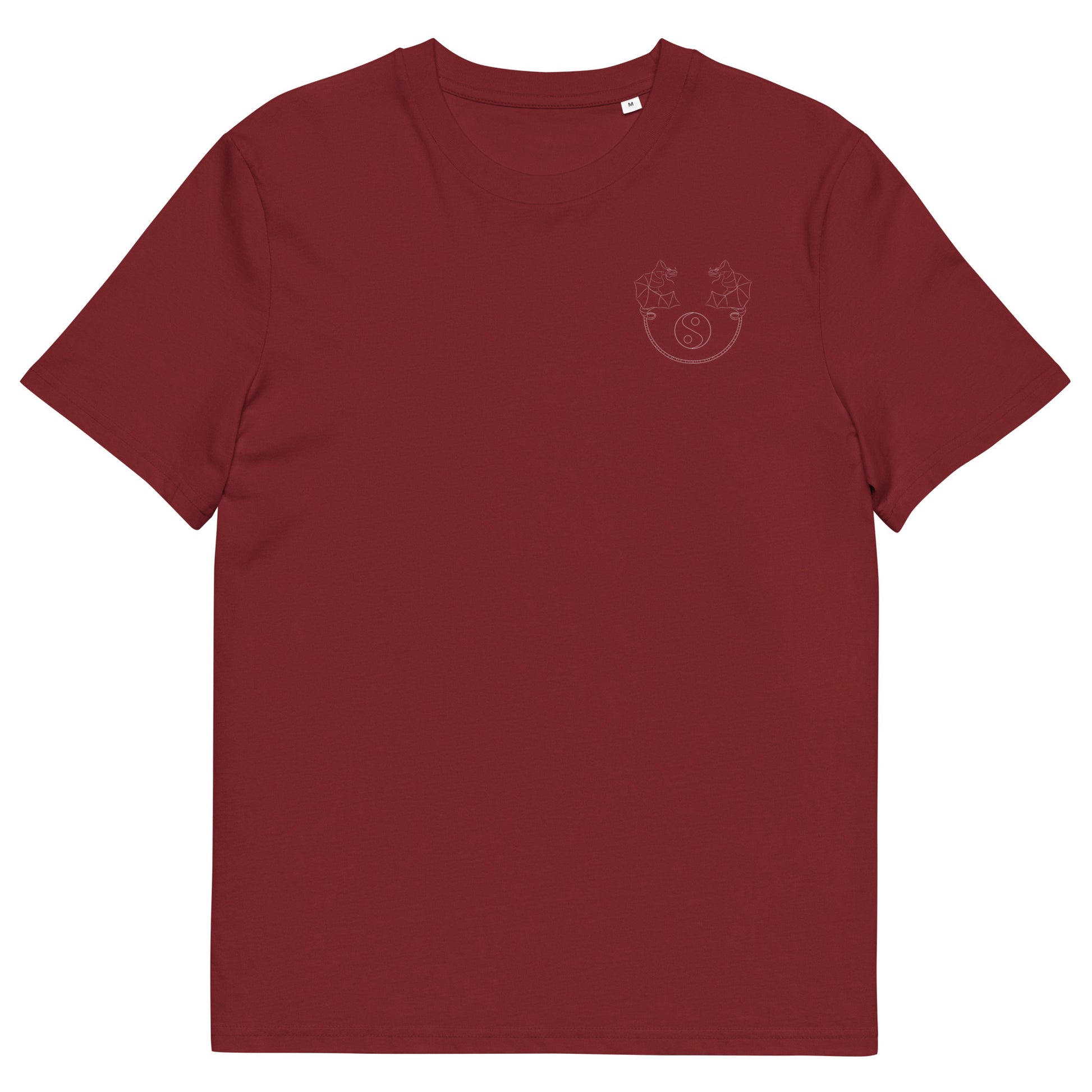 White Dragon Dance, Yin and Yang | 100% Organic Cotton T Shirt in burgundy front