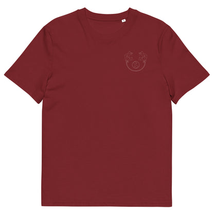 White Dragon Dance, Yin and Yang | 100% Organic Cotton T Shirt in burgundy front