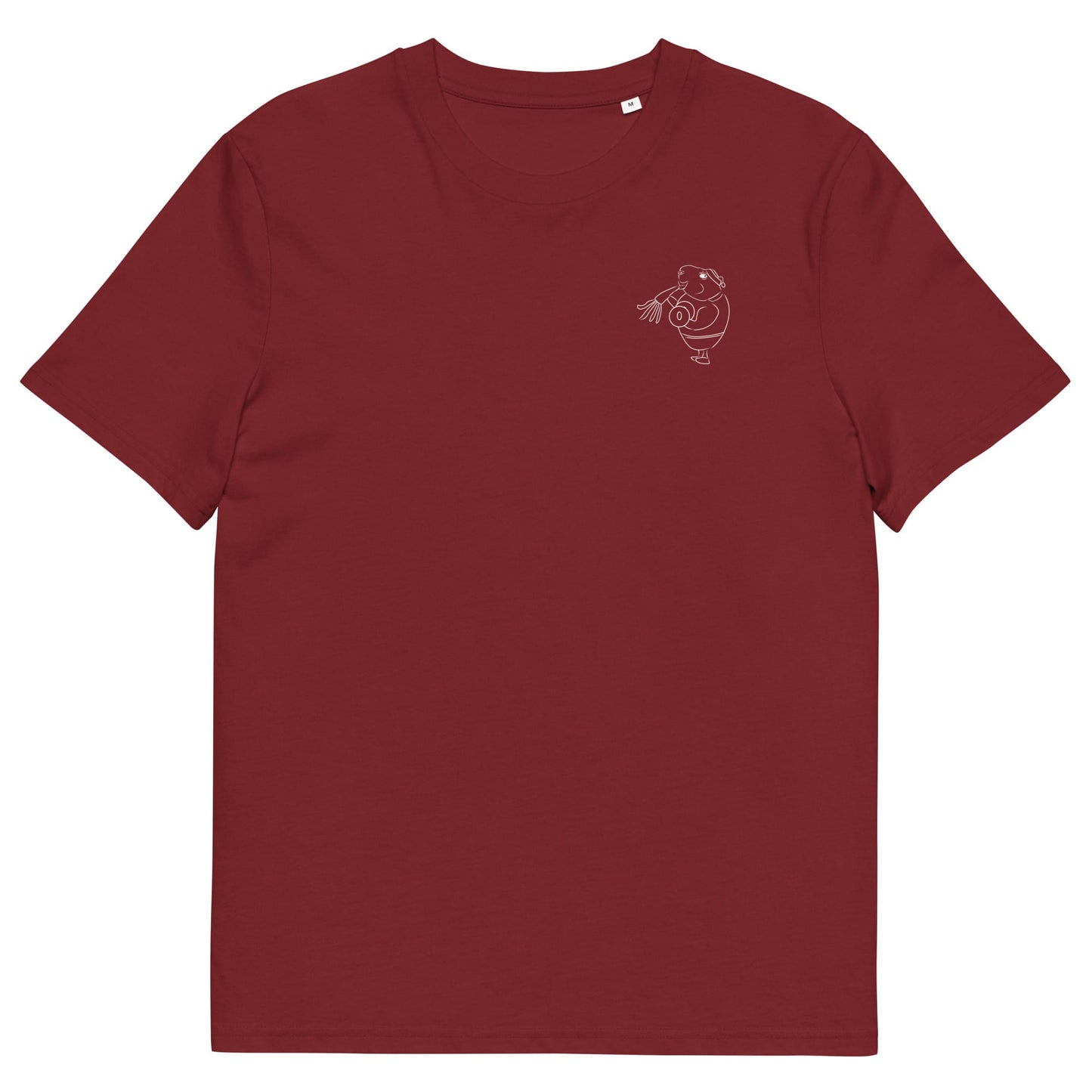White Guinea Pig Weight Lifter | 100% Organic Cotton T Shirt in burgundy front