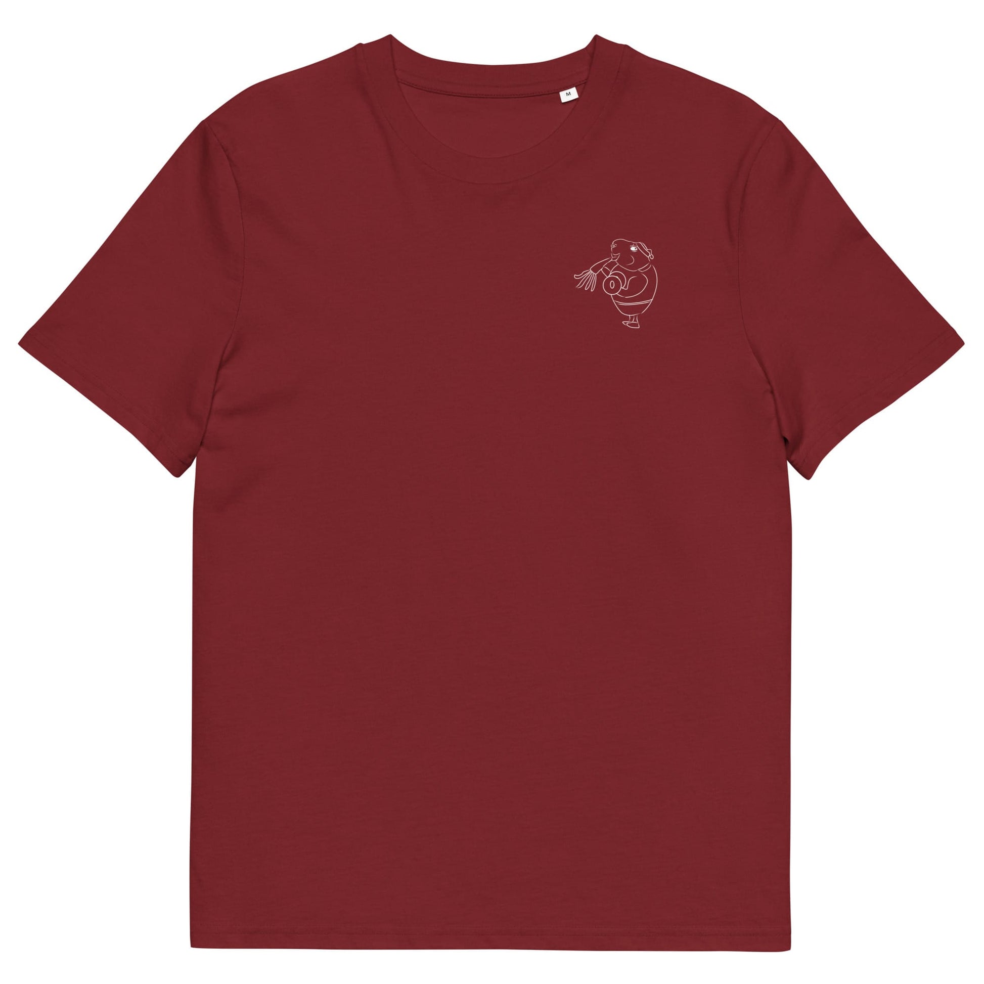 White Guinea Pig Weight Lifter | 100% Organic Cotton T Shirt in burgundy front
