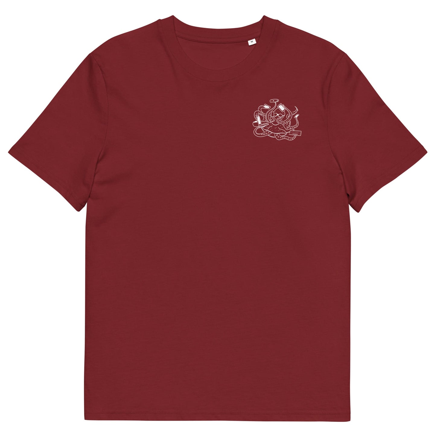 White Octopus Office Worker | 100% Organic Cotton T Shirt in burgundy front
