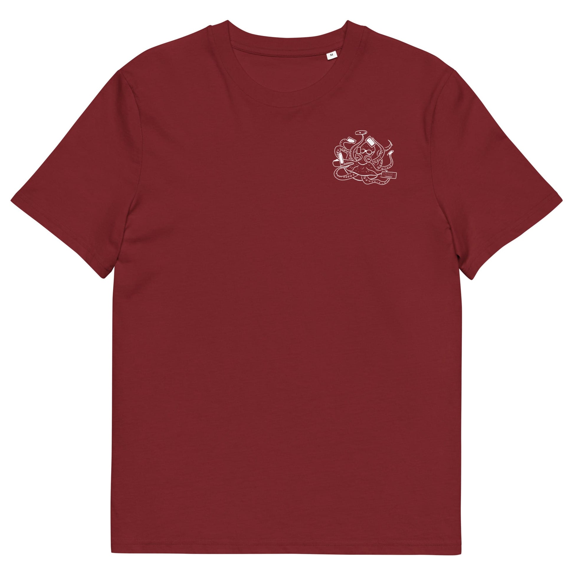 White Octopus Office Worker | 100% Organic Cotton T Shirt in burgundy front