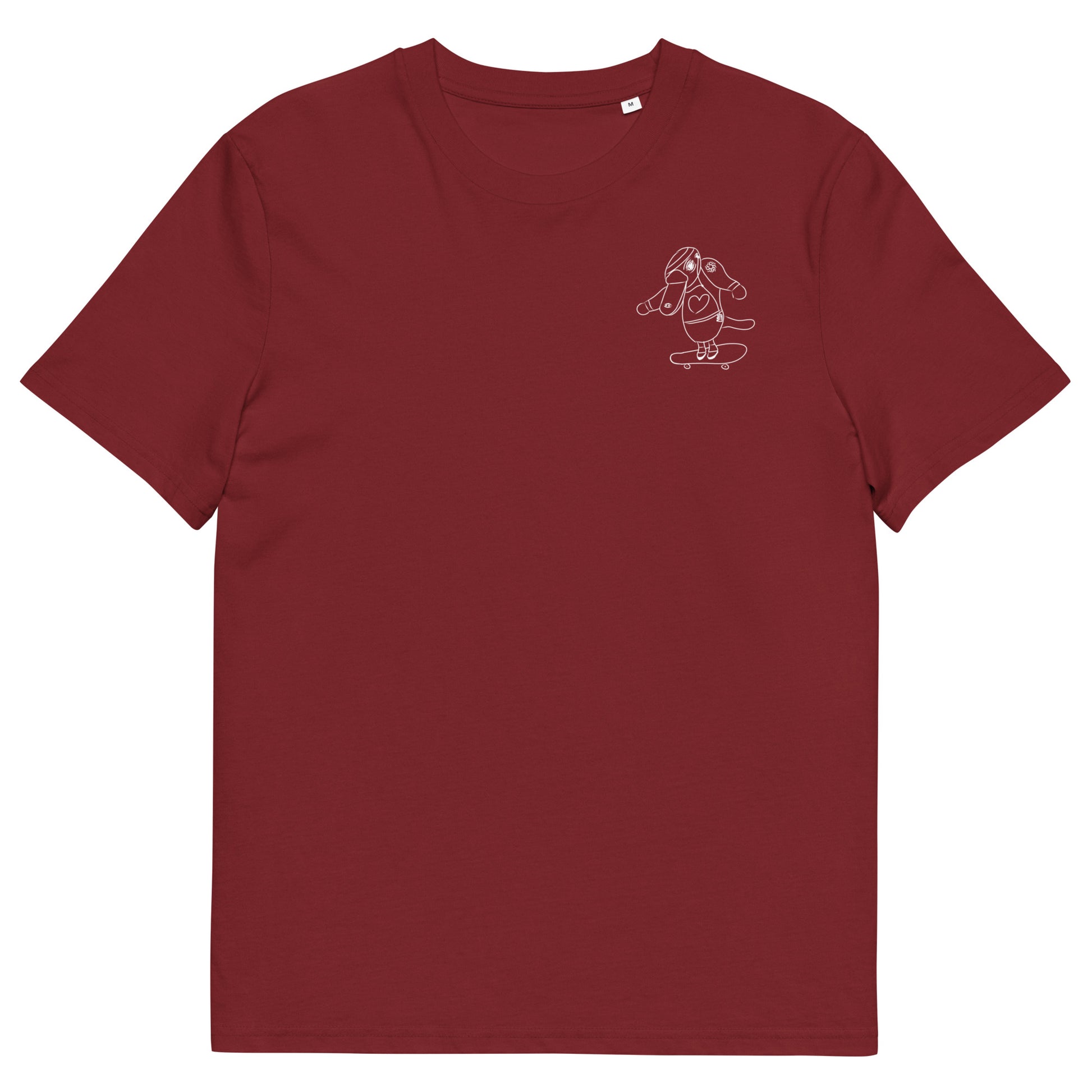 White Platypus Skateboarder | 100% Organic Cotton T Shirt in burgundy front