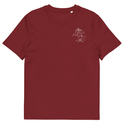 White Platypus Skateboarder | 100% Organic Cotton T Shirt in burgundy front