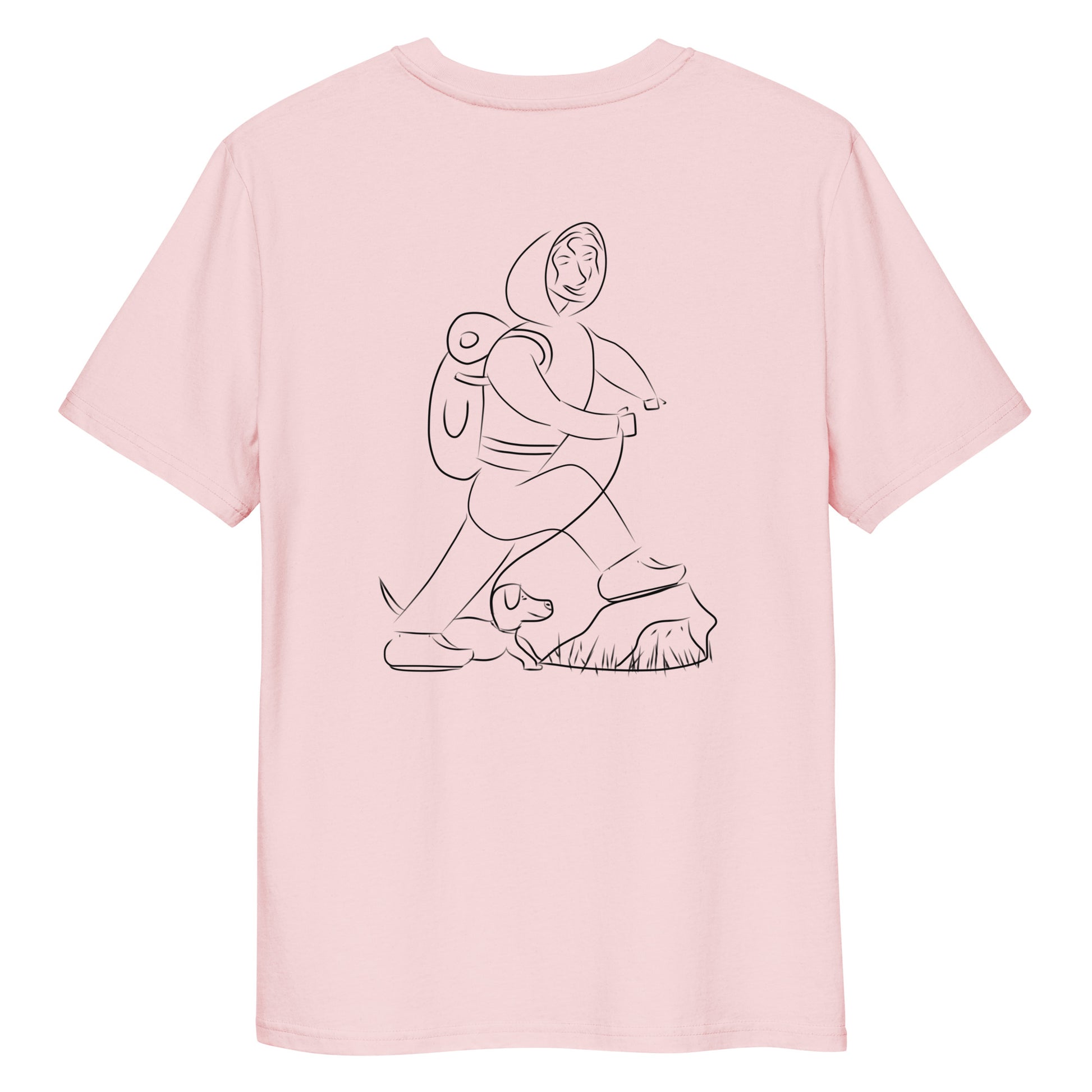 Woman and Dog Hiking | 100% Organic Cotton T Shirt pink back