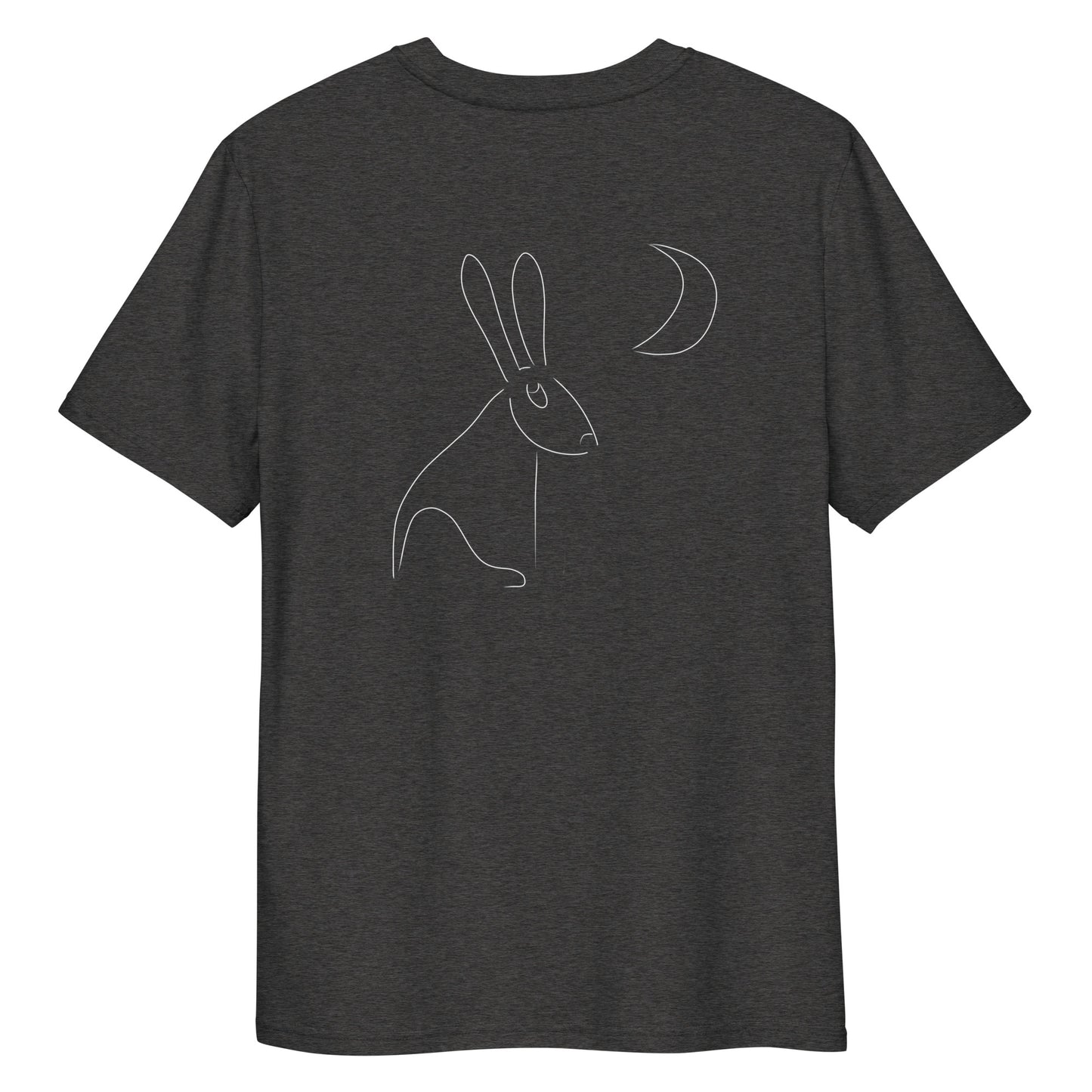 White Hare Stares at Moon | 100% Organic Cotton T Shirt in dark heather back