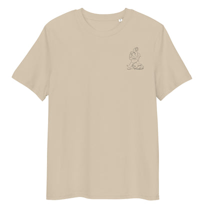 Woman and Dog Hiking | 100% Organic Cotton T Shirt front in desert dust