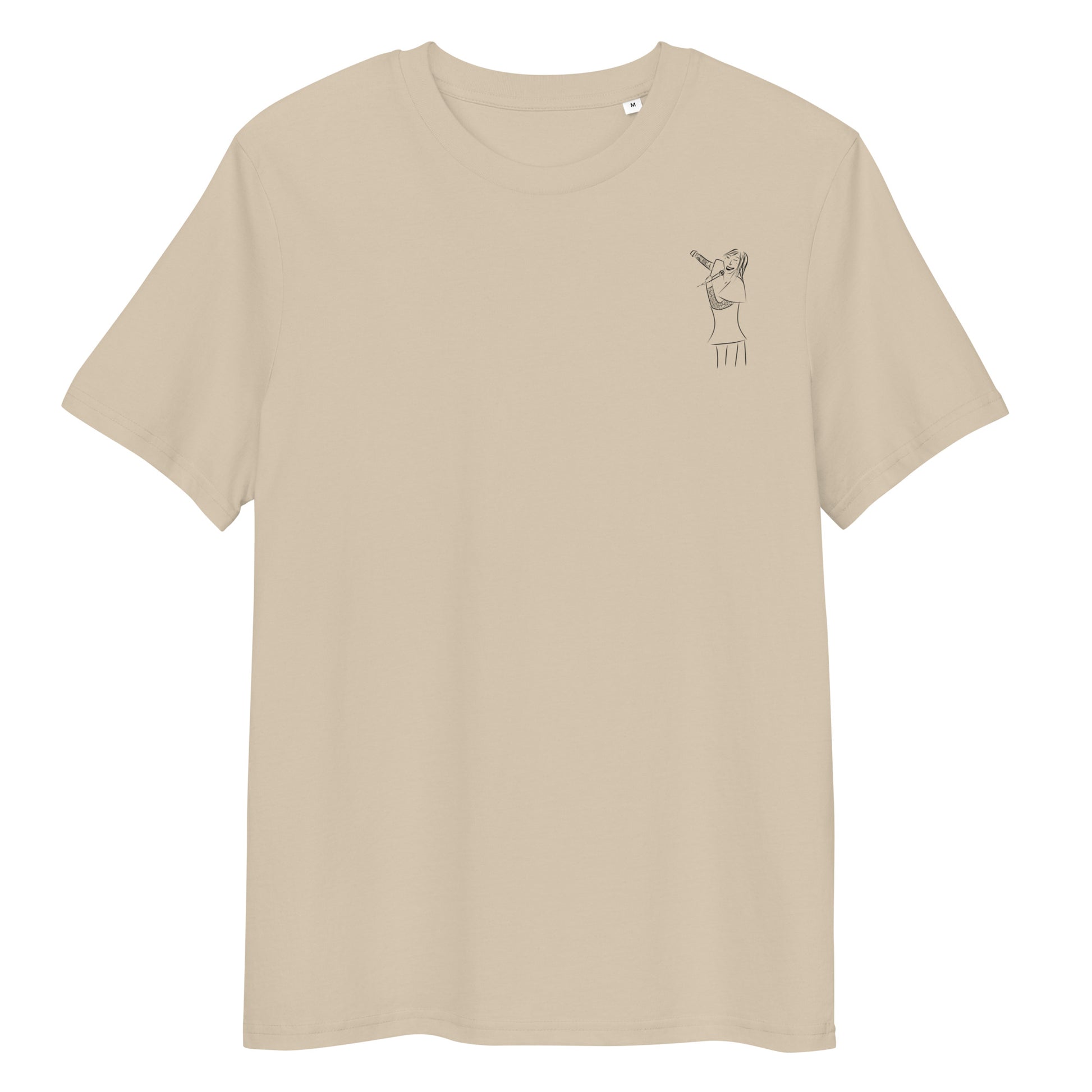 Woman Singing | 100% Organic Cotton T Shirt in desert dust front view