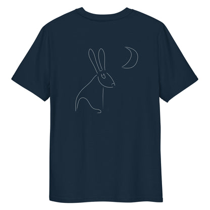 White Hare Stares at Moon | 100% Organic Cotton T Shirt in navy back