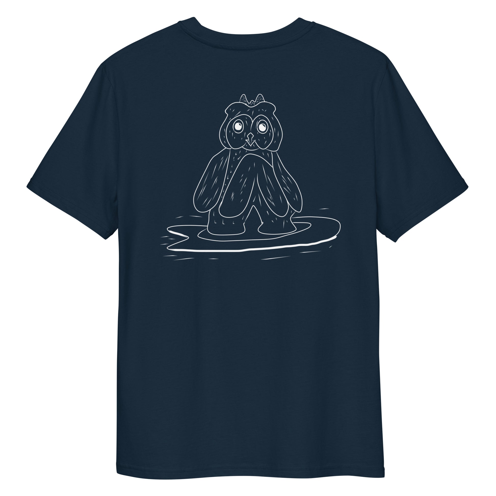 Surfing Owl White Line | 100% Organic Cotton T Shirt in navy back