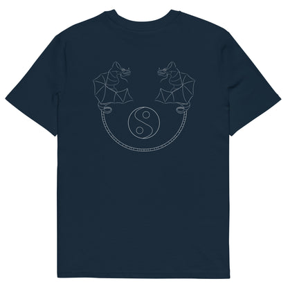 White Dragon Dance, Yin and Yang | 100% Organic Cotton T Shirt in navy back