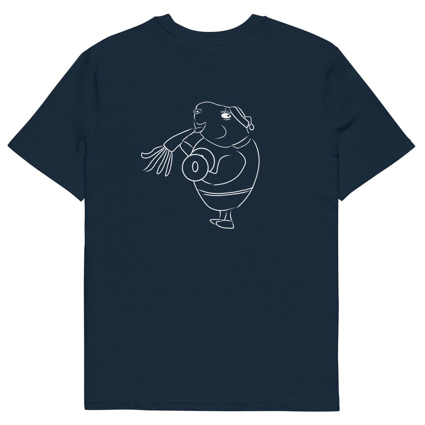 White Guinea Pig Weight Lifter | 100% Organic Cotton T Shirt in navy back