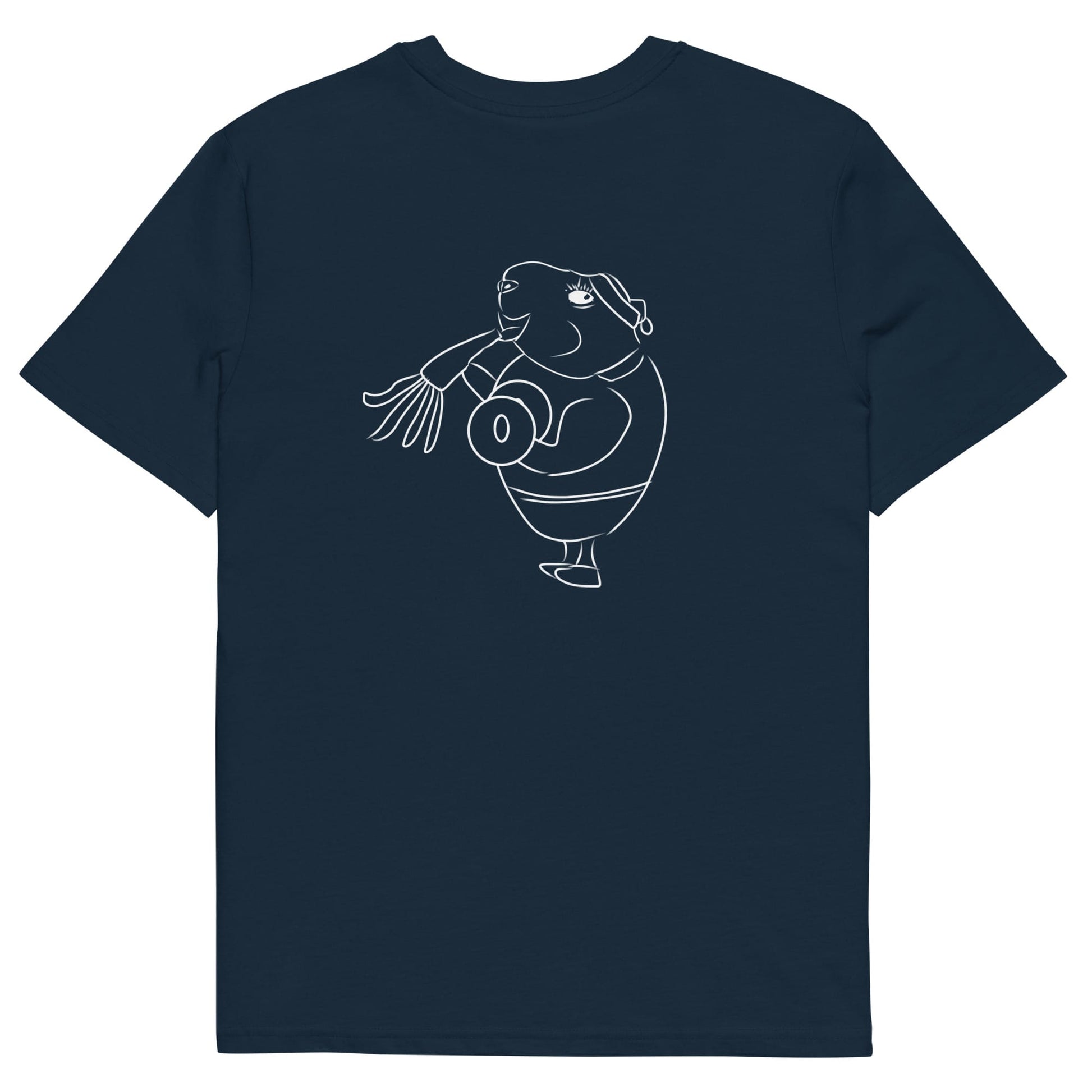 White Guinea Pig Weight Lifter | 100% Organic Cotton T Shirt in navy back