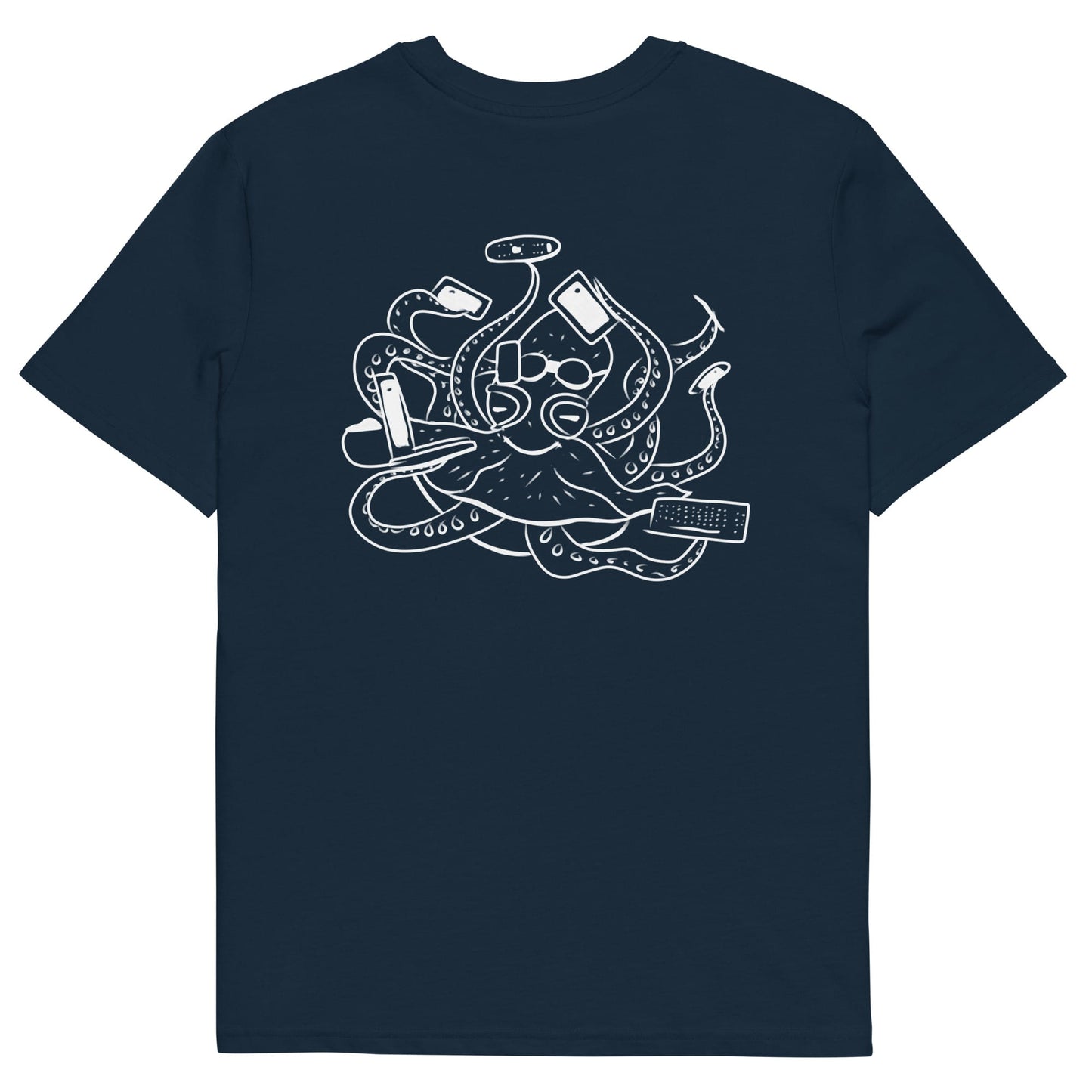 White Octopus Office Worker | 100% Organic Cotton T Shirt in navy back