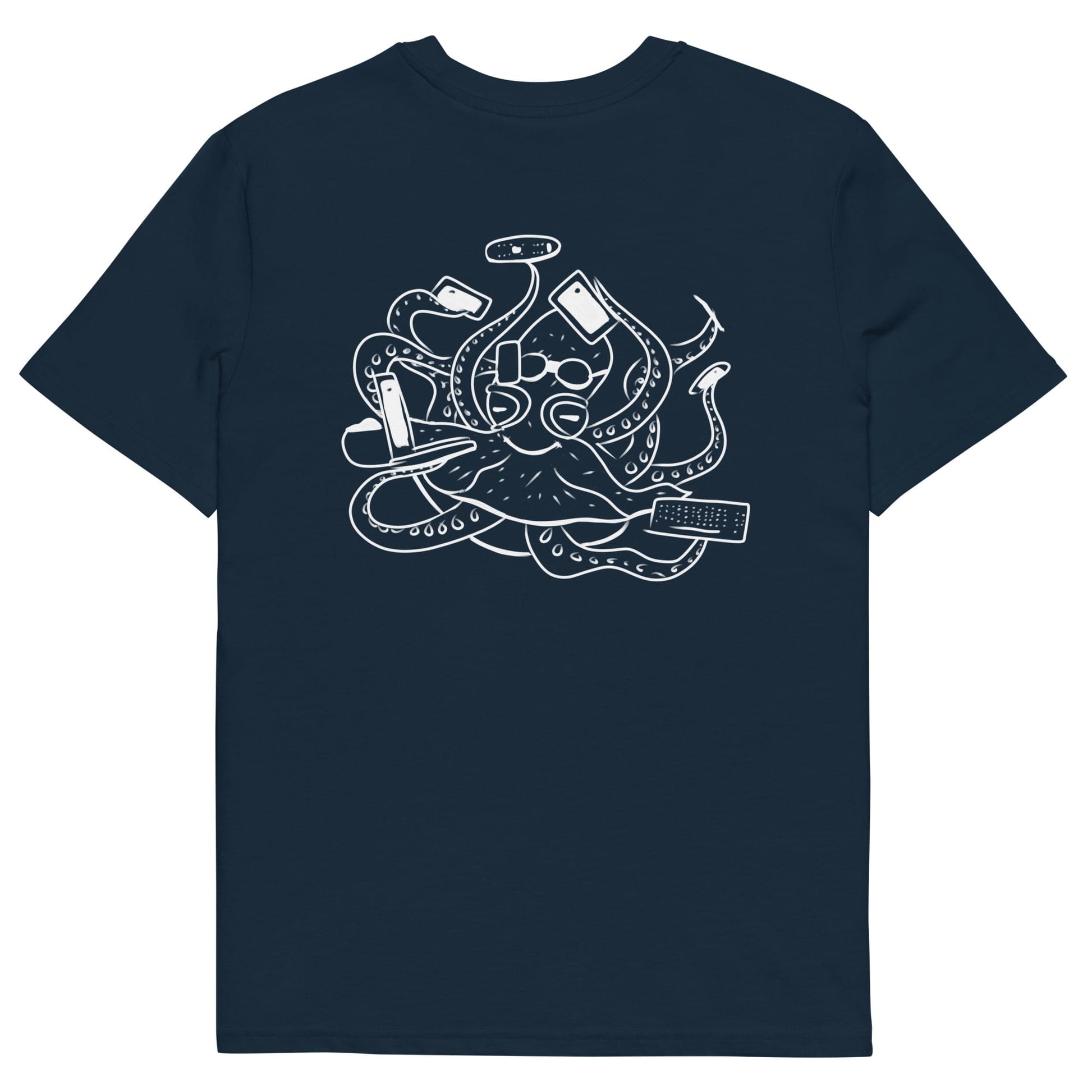 White Octopus Office Worker | 100% Organic Cotton T Shirt in navy back