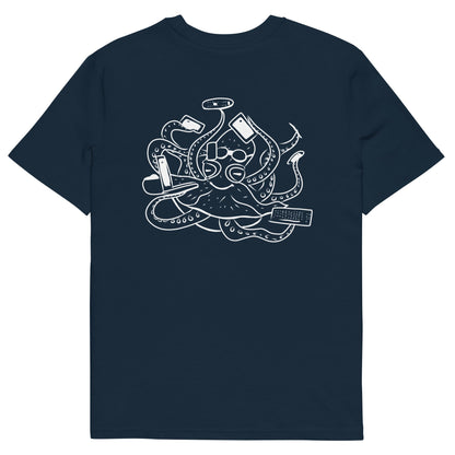 White Octopus Office Worker | 100% Organic Cotton T Shirt in navy back