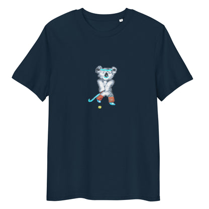 Koala Playing Hockey | 100% Organic Cotton T Shirt in navy