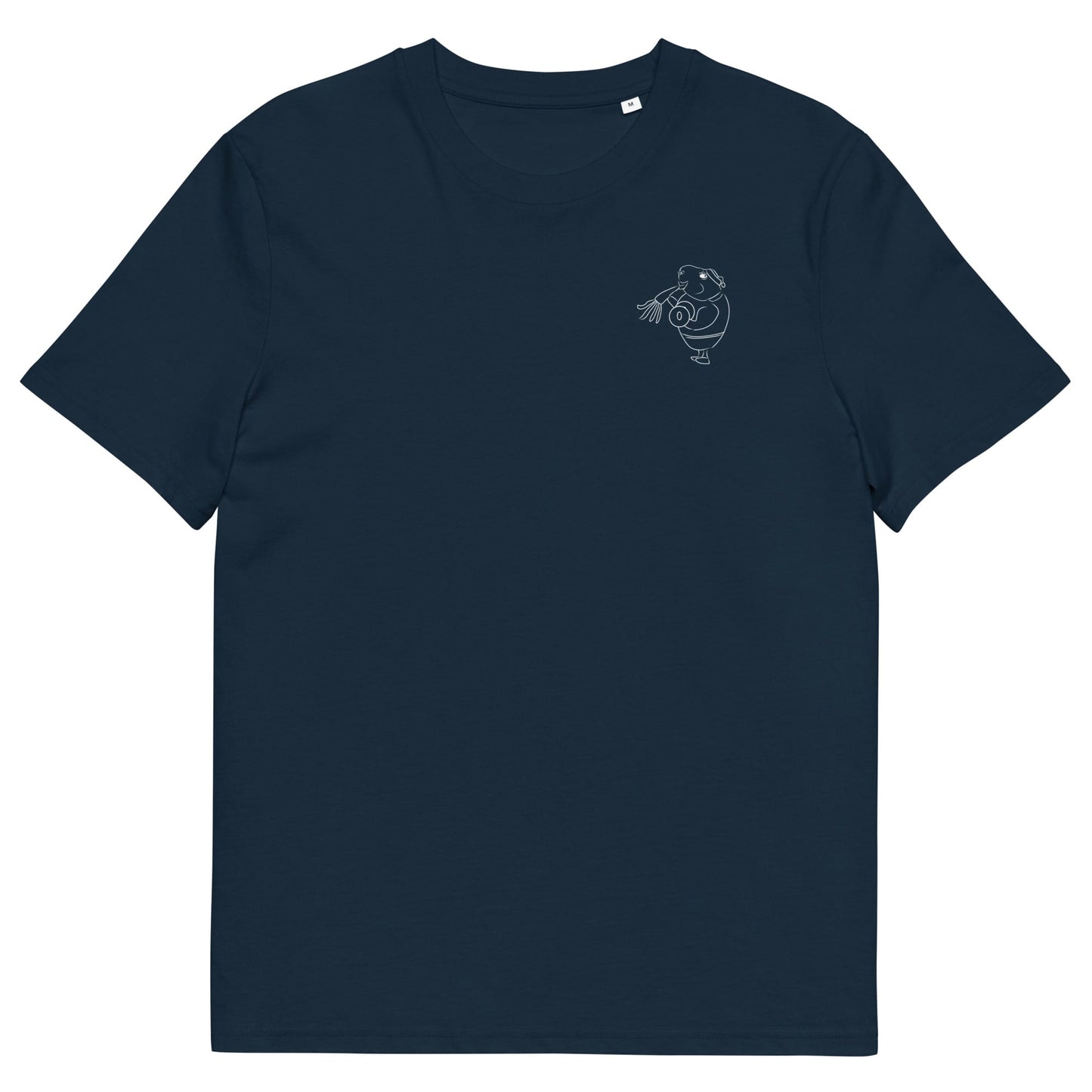 White Guinea Pig Weight Lifter | 100% Organic Cotton T Shirt in navy front