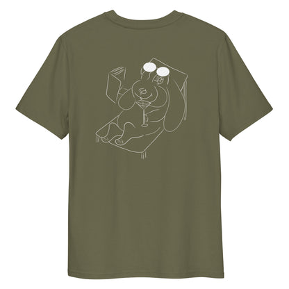 White Bunny Hop and Sip  | 100% Organic Cotton T Shirt in khaki back view