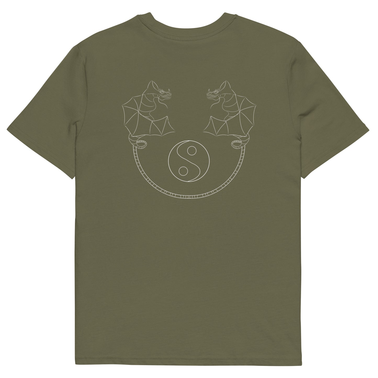 White Dragon Dance, Yin and Yang | 100% Organic Cotton T Shirt in khaki back