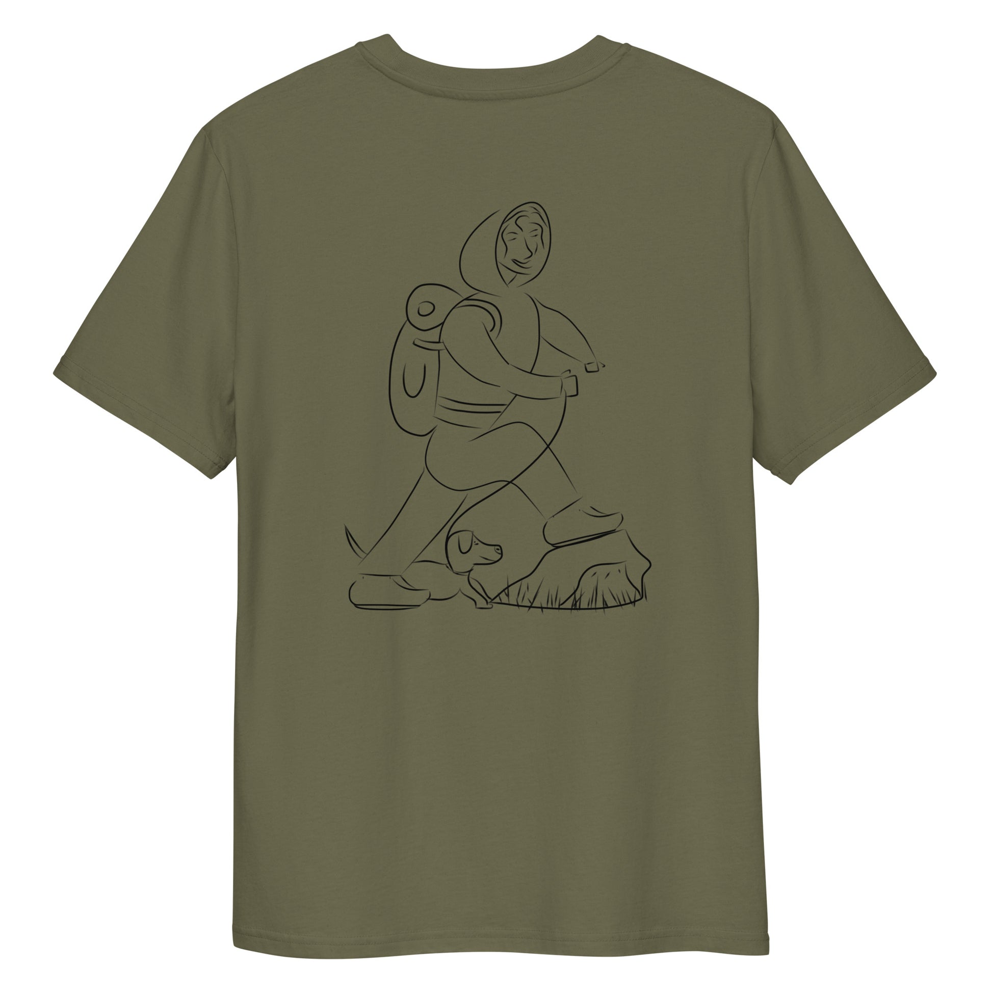 Woman and Dog Hiking | 100% Organic Cotton T Shirt back in khaki