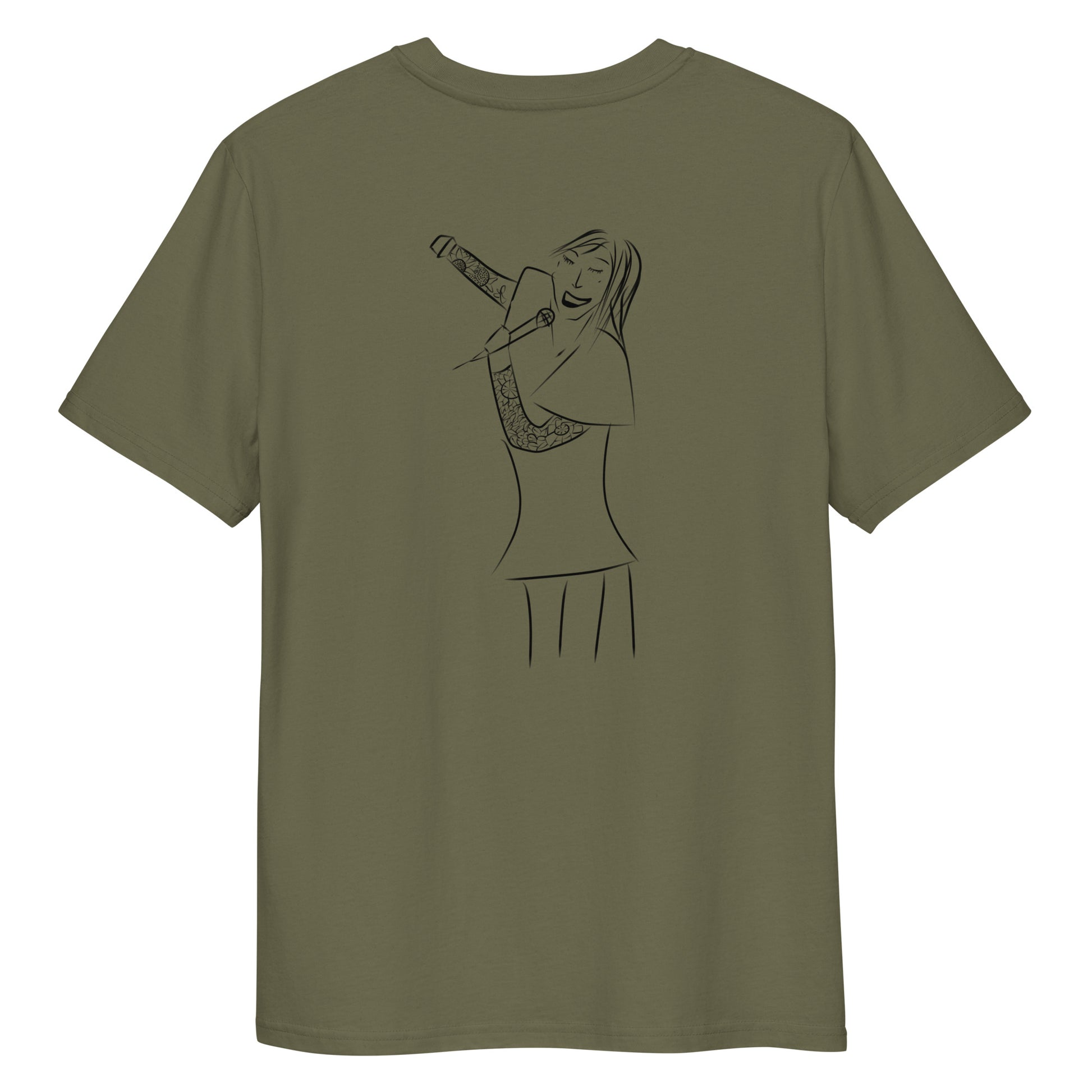 Woman Singing | 100% Organic Cotton T Shirt in khaki back view