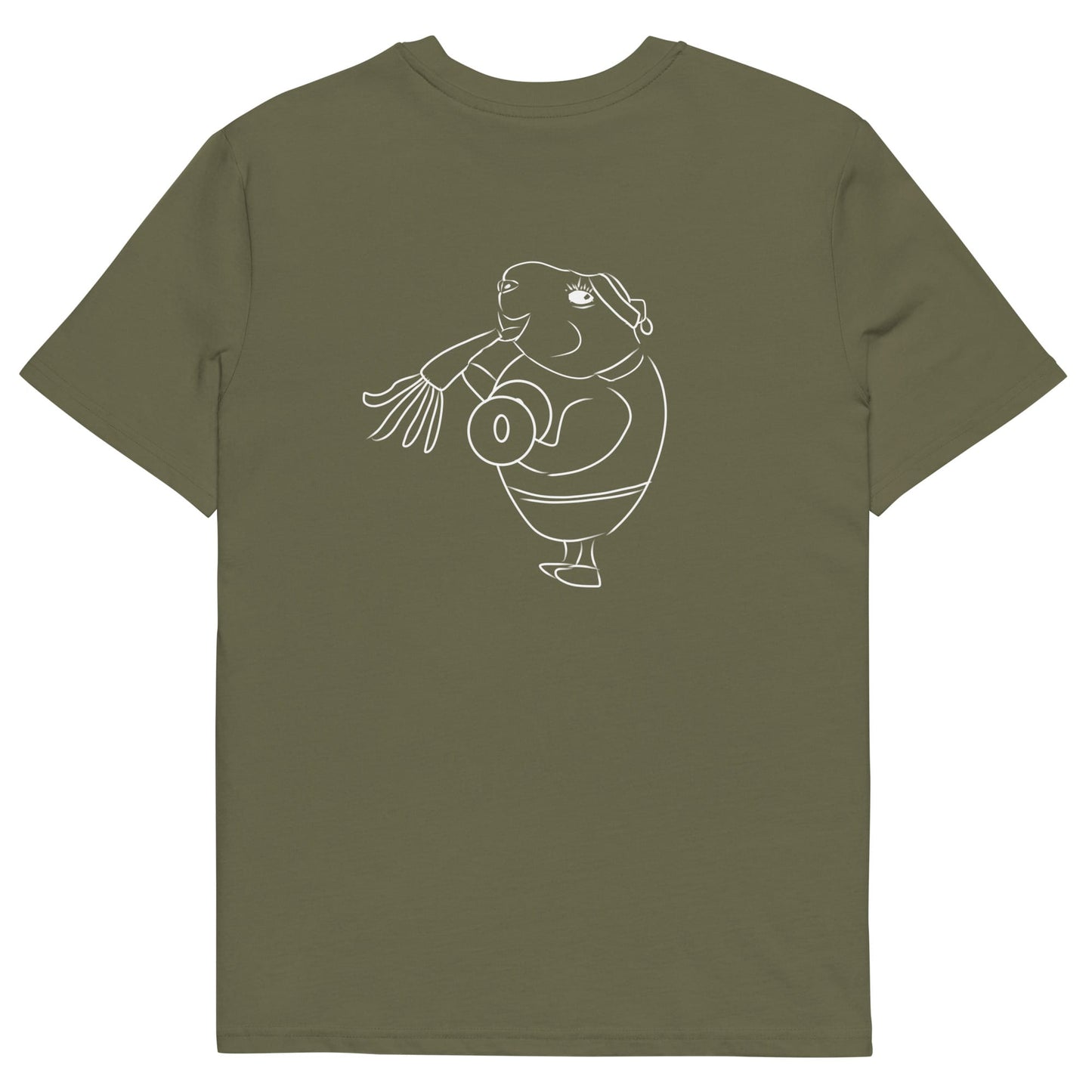 White Guinea Pig Weight Lifter | 100% Organic Cotton T Shirt in khaki back