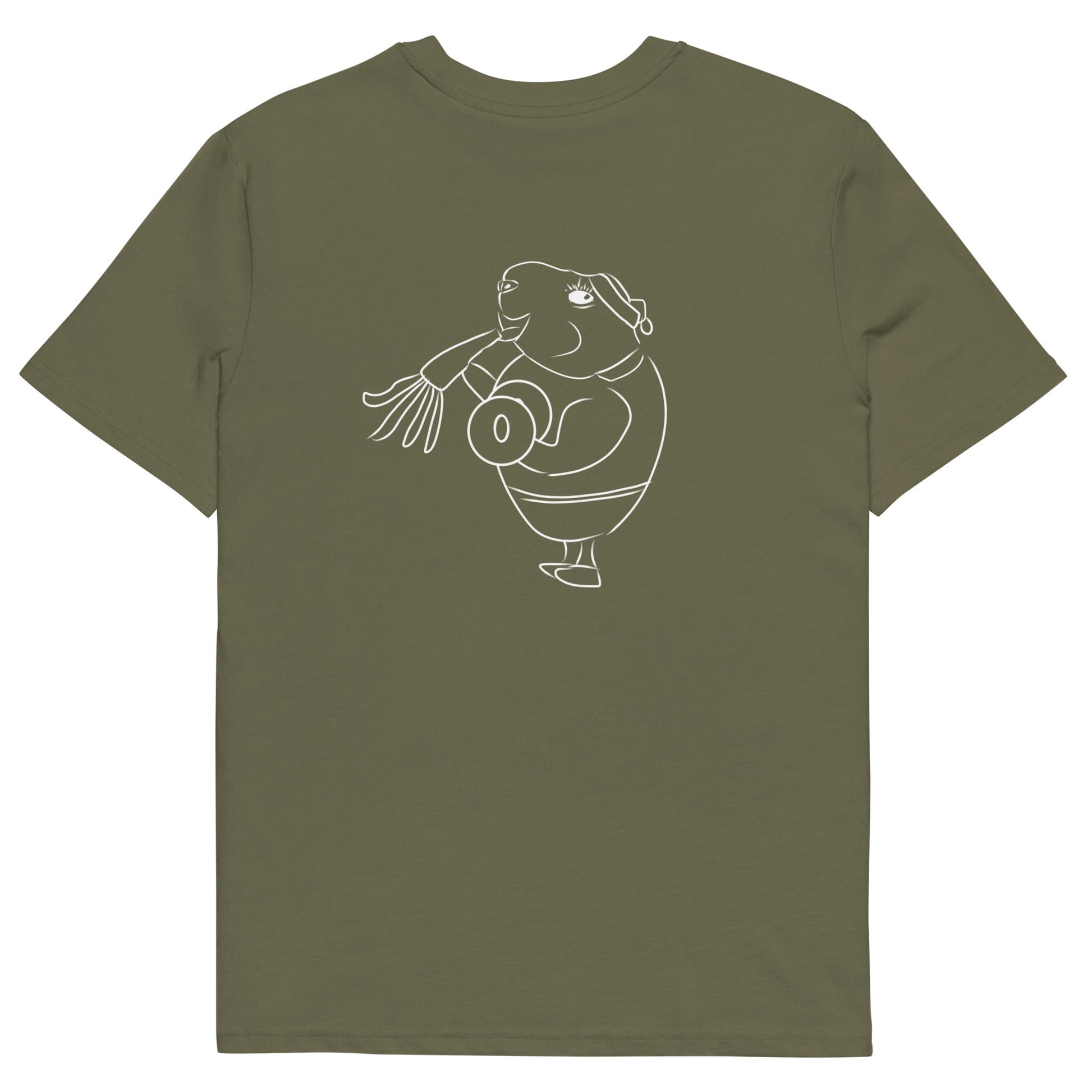 White Guinea Pig Weight Lifter | 100% Organic Cotton T Shirt in khaki back