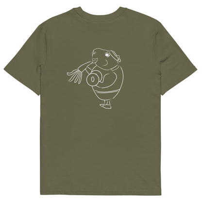 White Guinea Pig Weight Lifter | 100% Organic Cotton T Shirt in khaki back