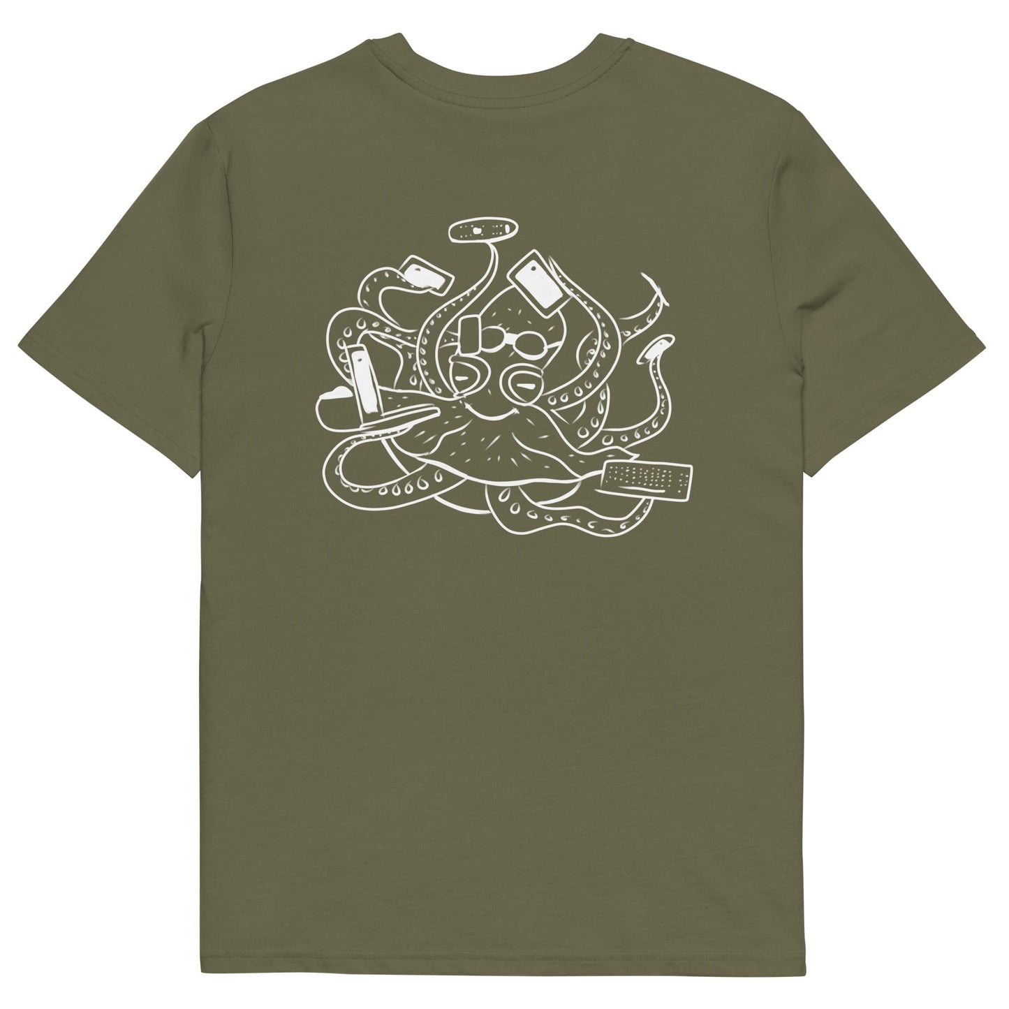 White Octopus Office Worker | 100% Organic Cotton T Shirt in khaki back