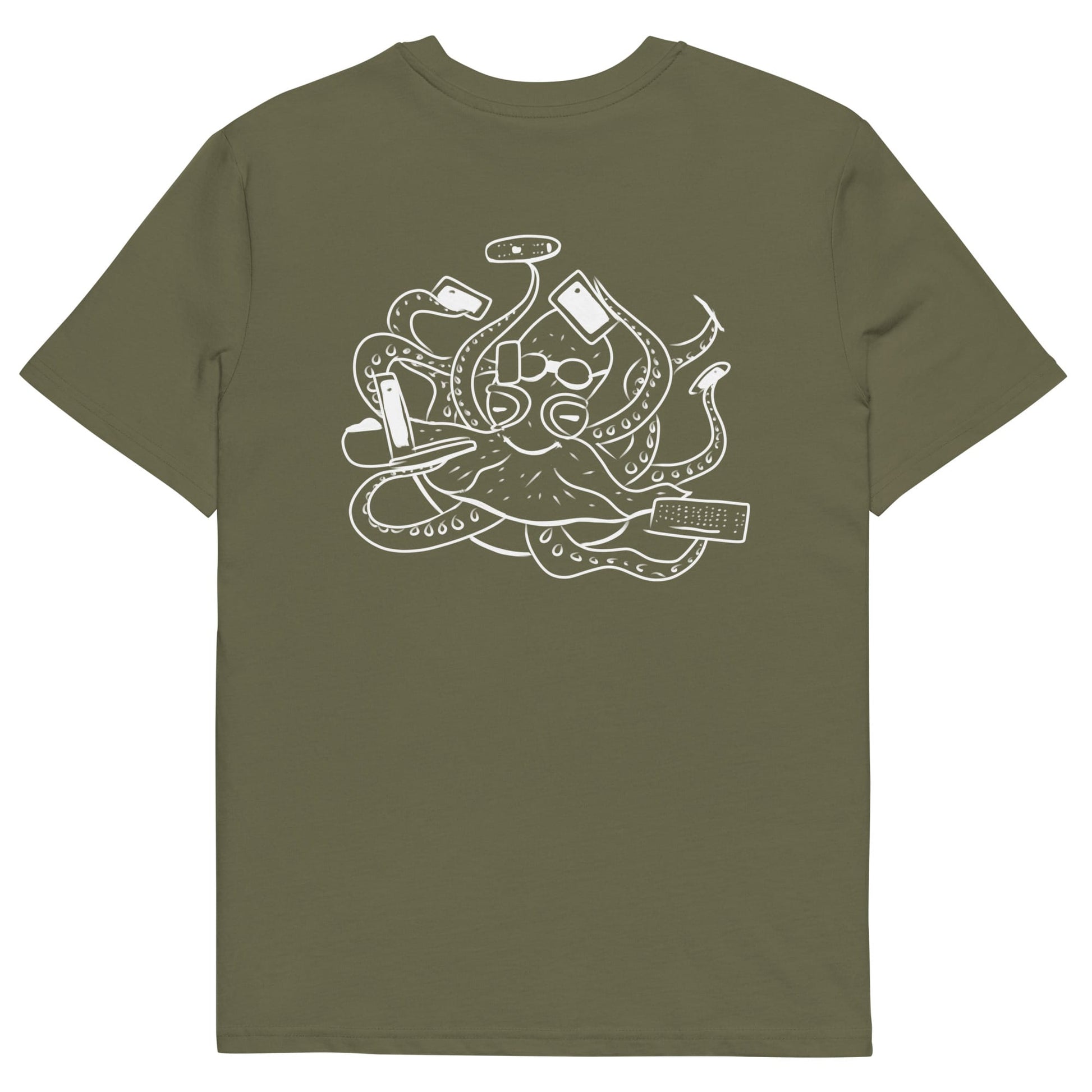 White Octopus Office Worker | 100% Organic Cotton T Shirt in khaki back