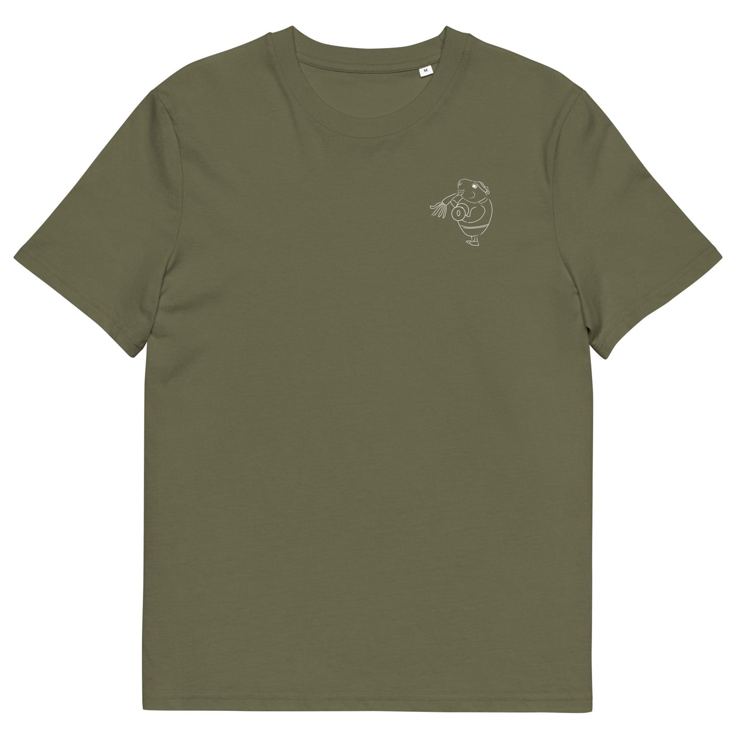 White Guinea Pig Weight Lifter | 100% Organic Cotton T Shirt in khaki front