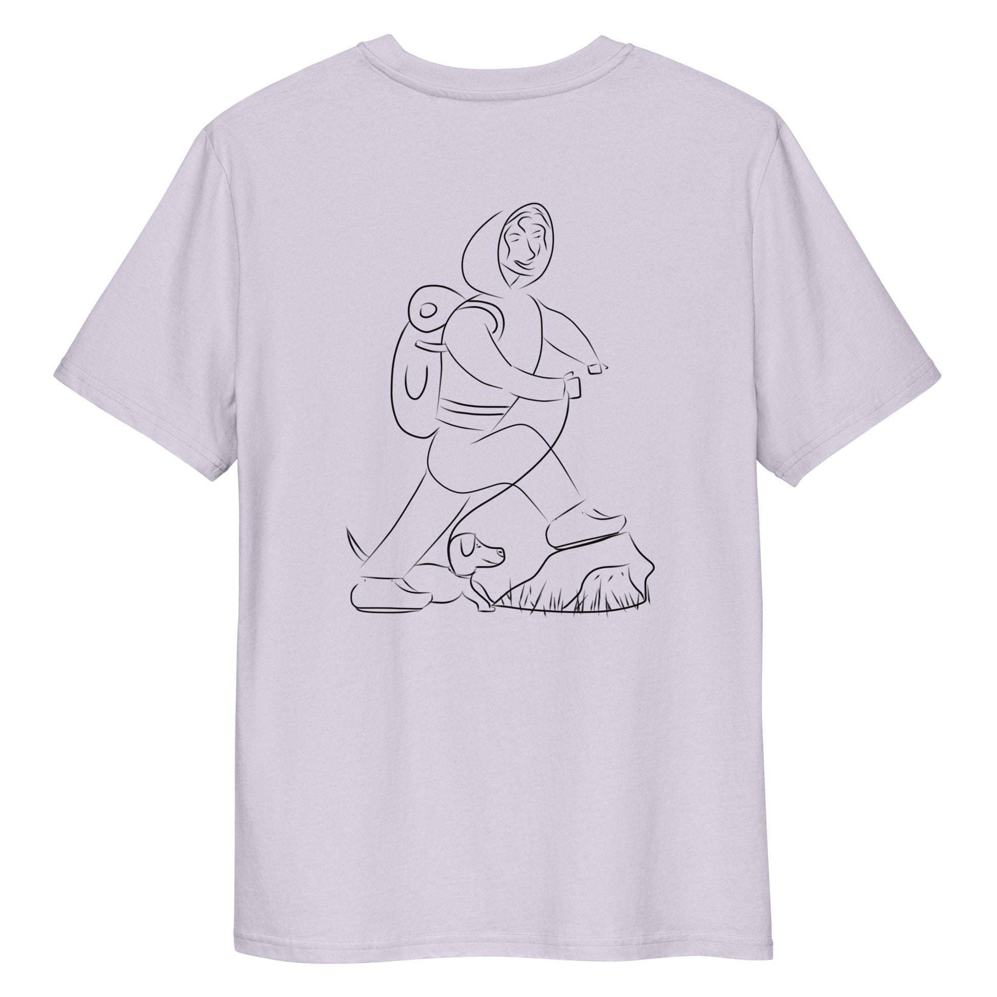 Woman and Dog Hiking | 100% Organic Cotton T Shirt back lavender 