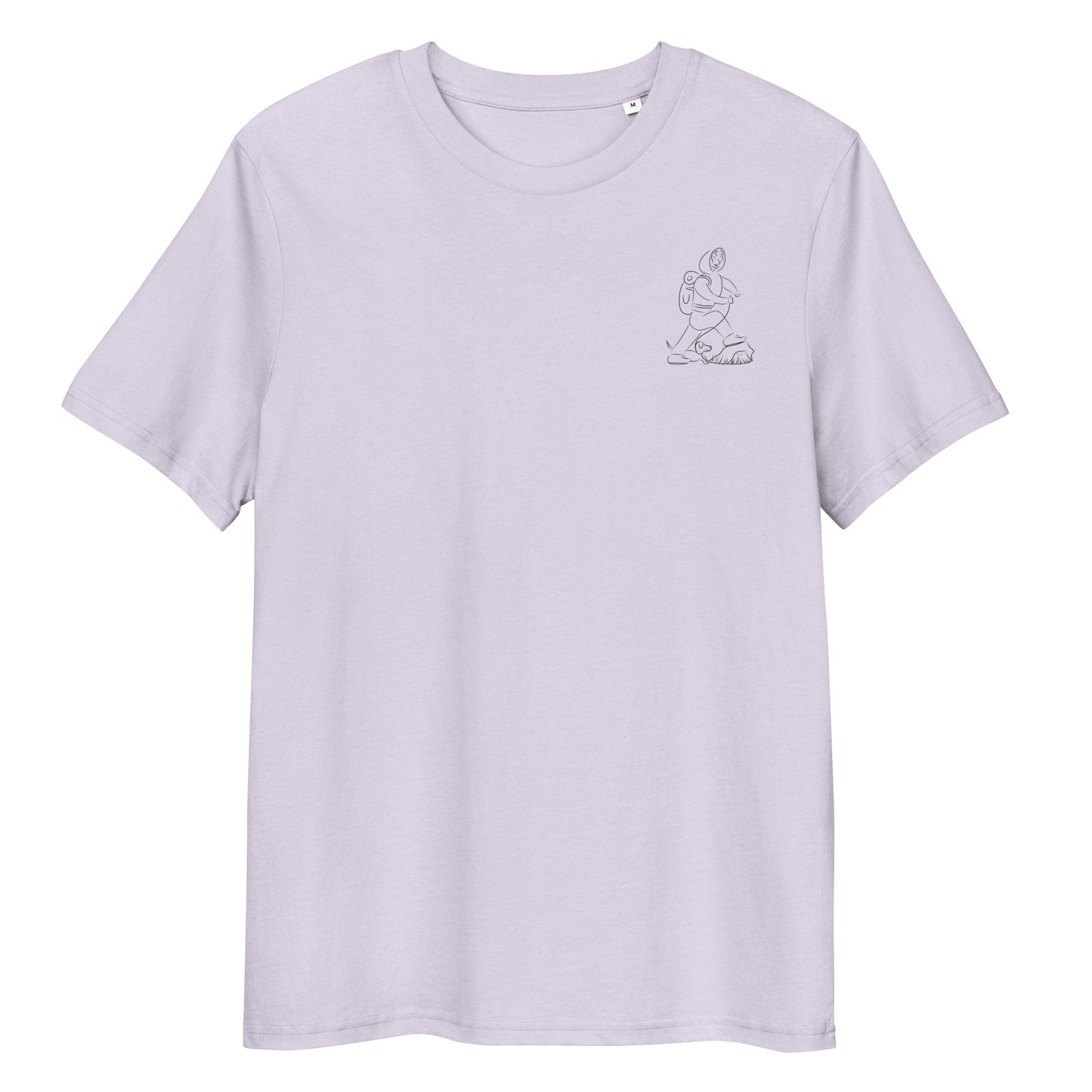 Woman and Dog Hiking | 100% Organic Cotton T Shirt front lavender 