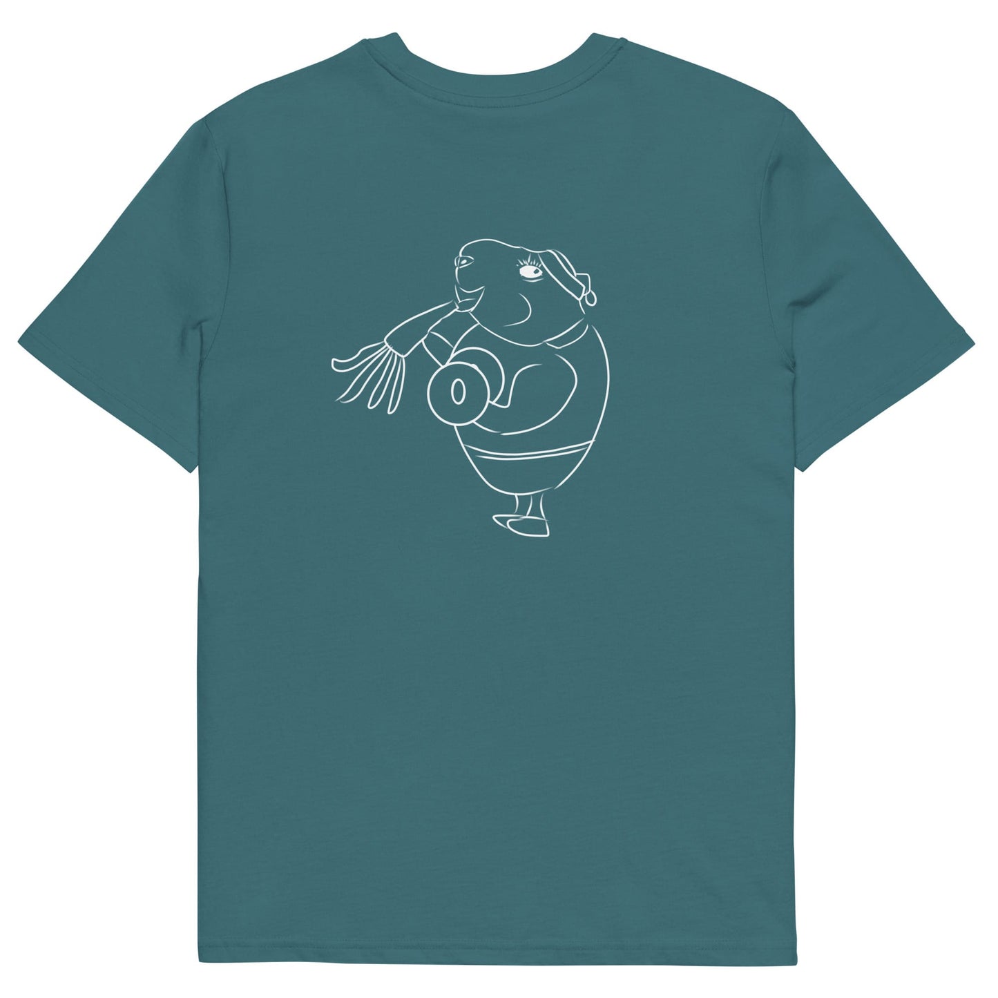 White Guinea Pig Weight Lifter | 100% Organic Cotton T Shirt in stargazer back