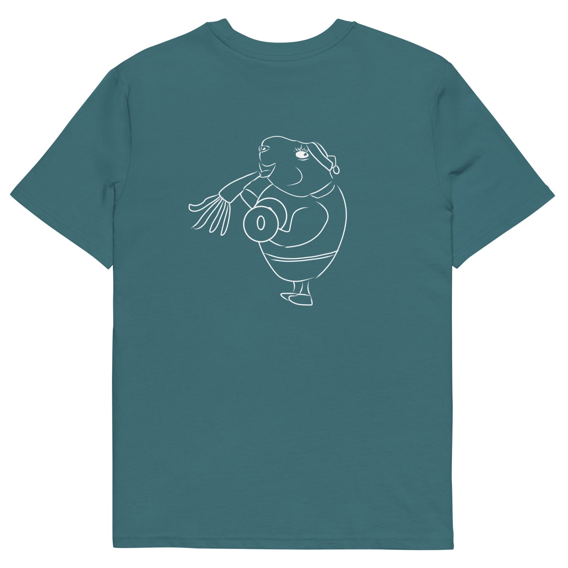 White Guinea Pig Weight Lifter | 100% Organic Cotton T Shirt in stargazer back