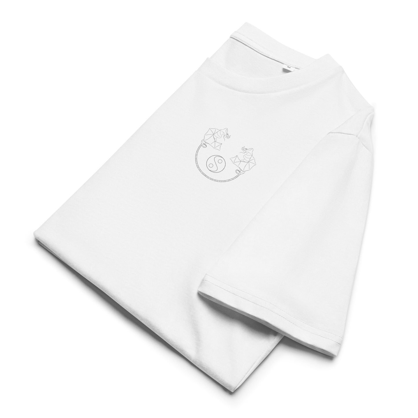 Dragon Dance, Yin and Yang | 100% Organic Cotton T Shirt in white folded