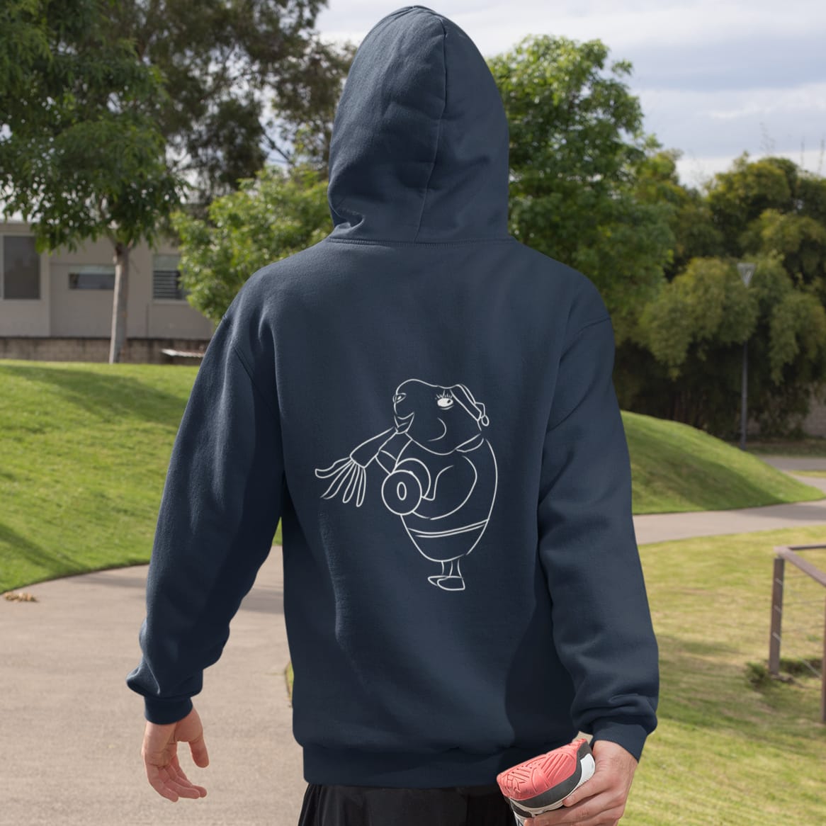 White Guinea Pig Weight Lifter | Sustainable Hoodie worn by a man