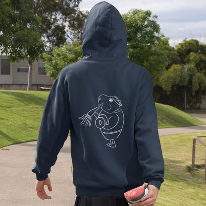 White Guinea Pig Weight Lifter | Sustainable Hoodie worn by a man