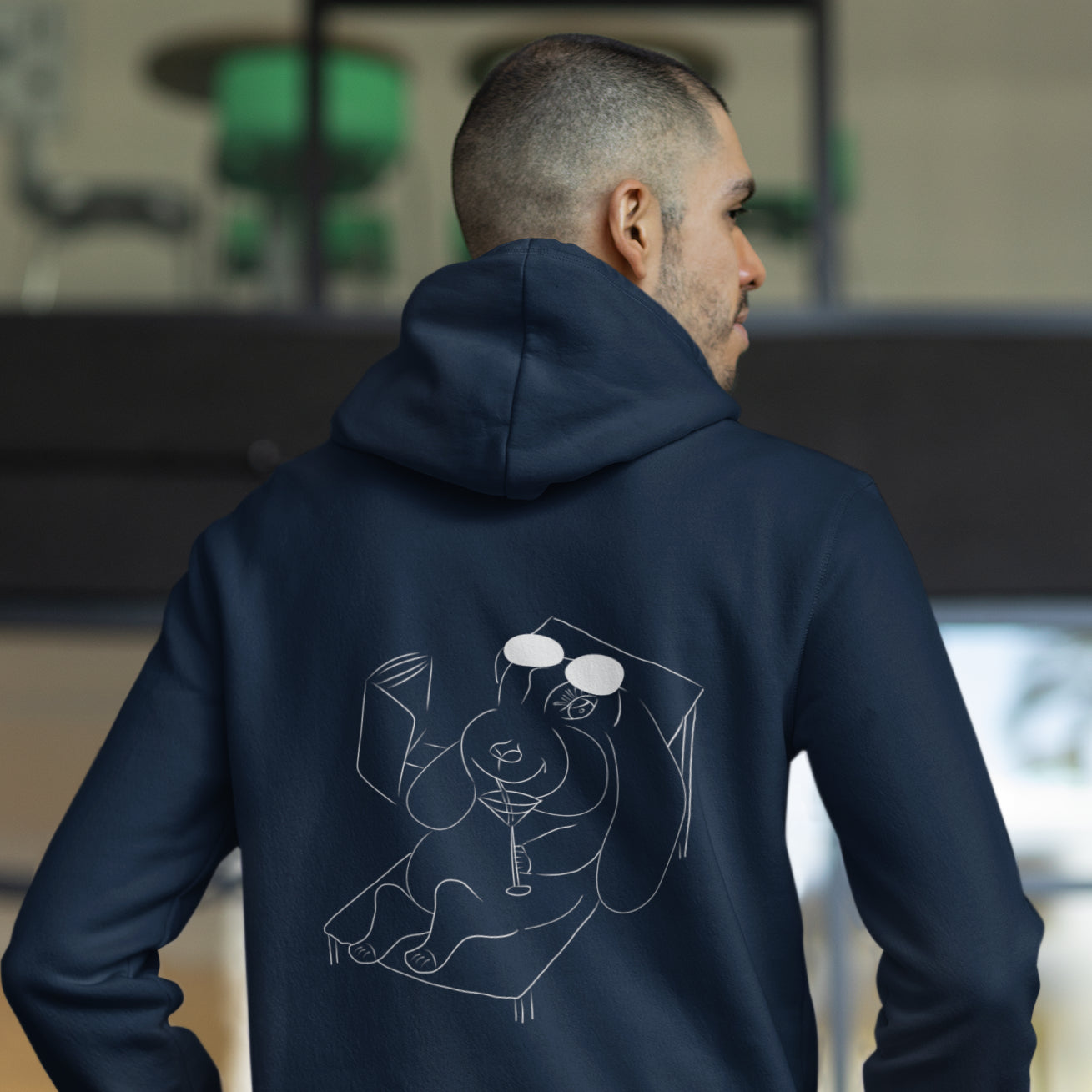 White Bunny Hop and Sip | Sustainable Hoodie worn by a man