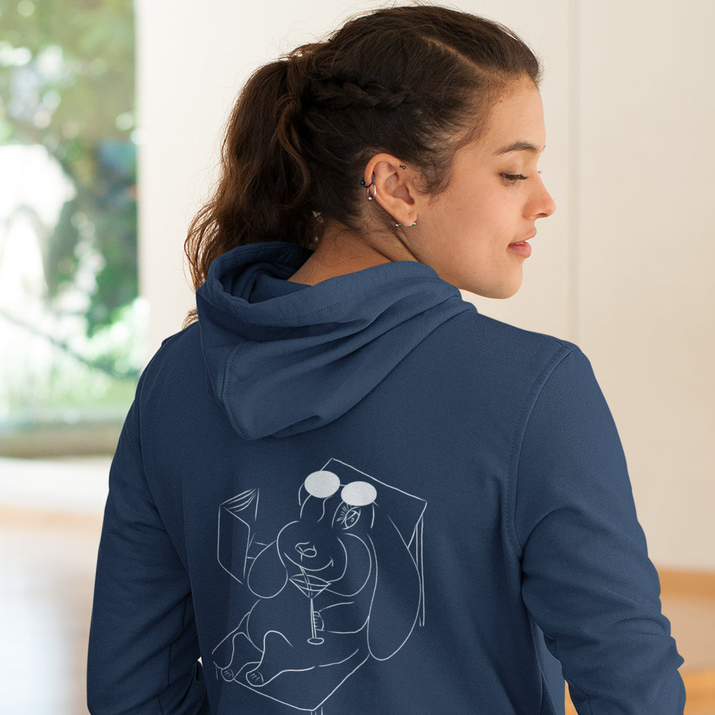 White Bunny Hop and Sip | Sustainable Hoodie worn by a woman