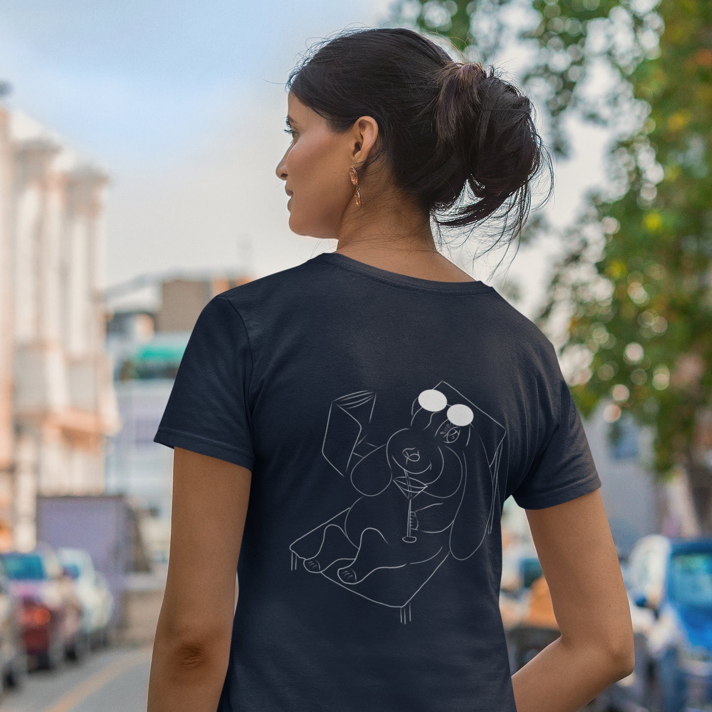 White Bunny Hop and Sip  | 100% Organic Cotton T Shirt  worn by a woman