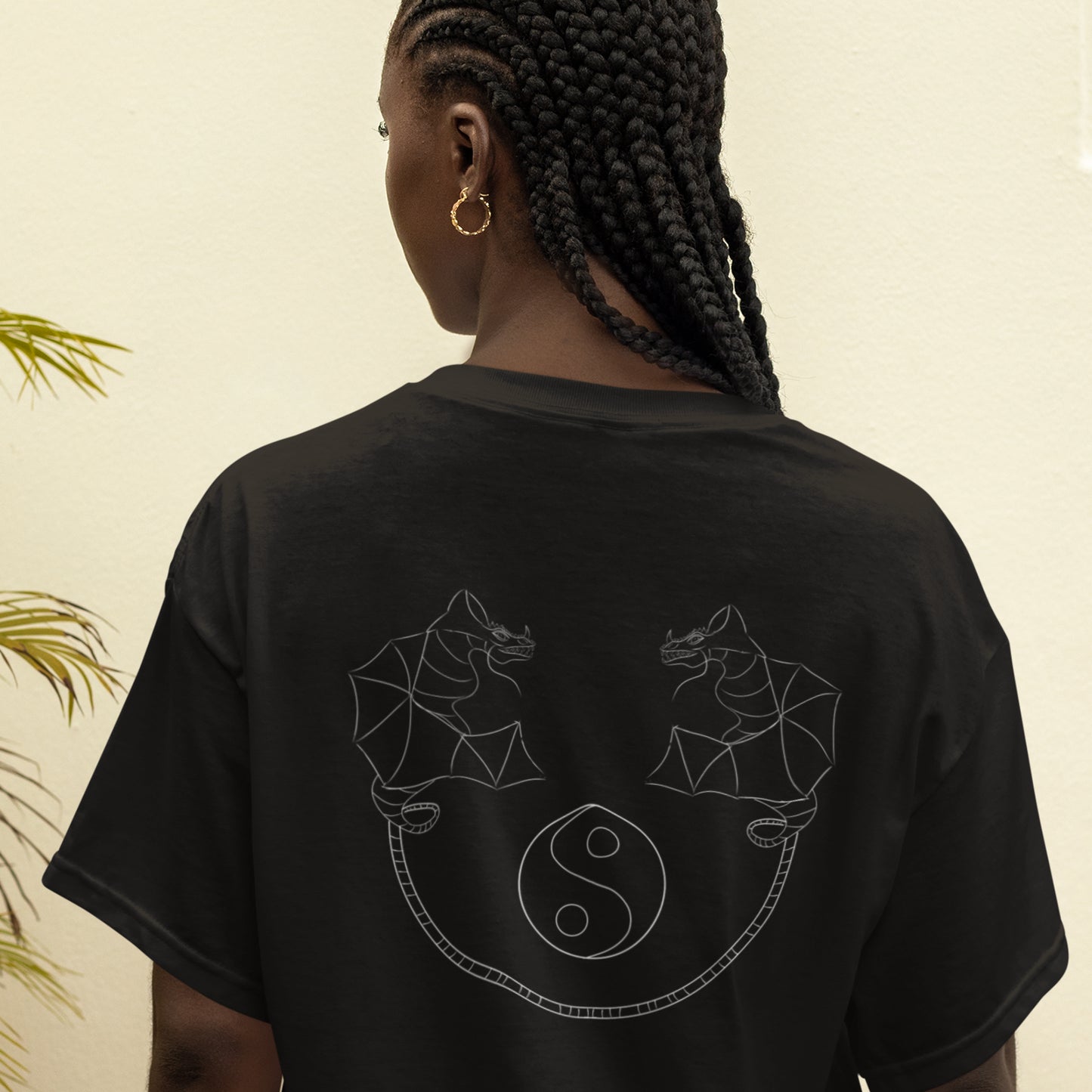 White Dragon Dance, Yin and Yang | 100% Organic Cotton T Shirt worn by a woman