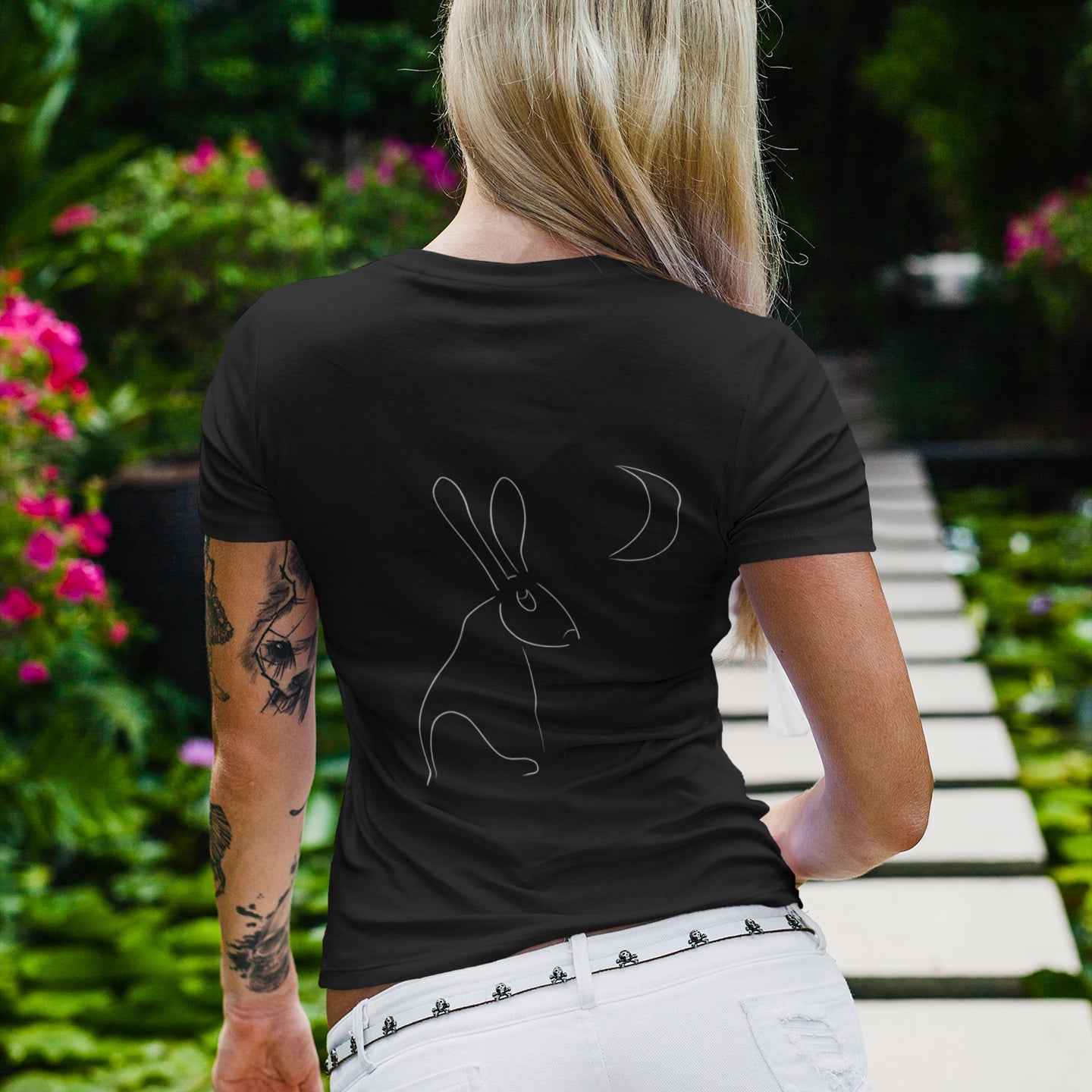 White Hare Stares at Moon | 100% Organic Cotton T Shirt worn by a woman