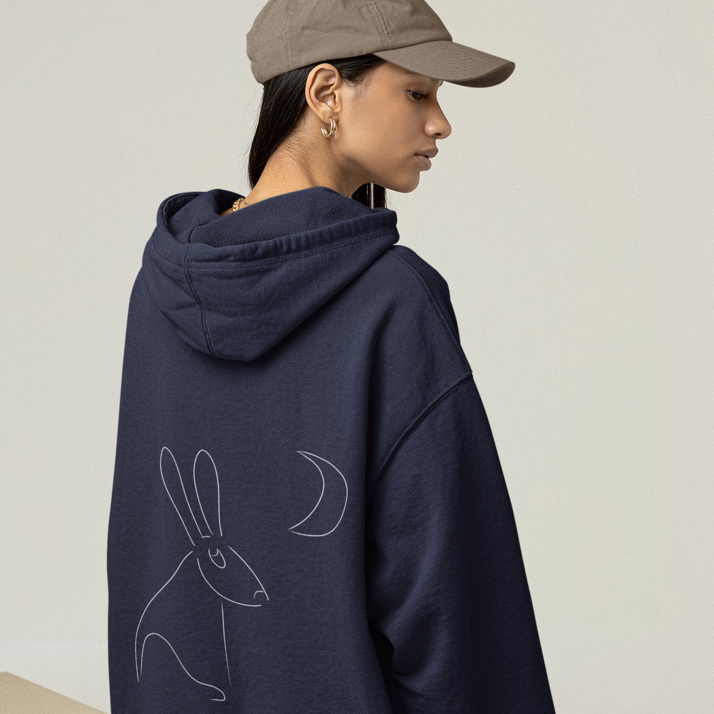 Hare stares at moon sustainable vegan hoodie one pocket (front and back design)